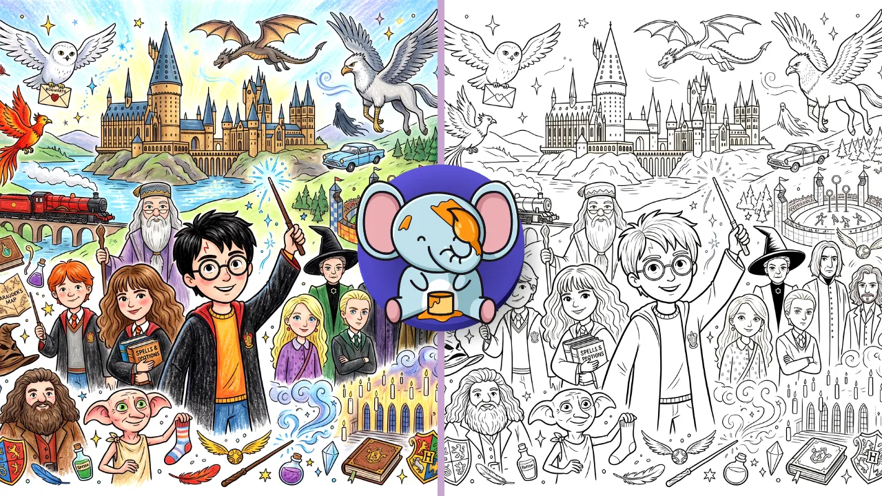 Magical Hogwarts-inspired illustration with wizard characters, fantasy castle, magical creatures, spells, broomsticks, owl, dragon, and enchanted scenery.
