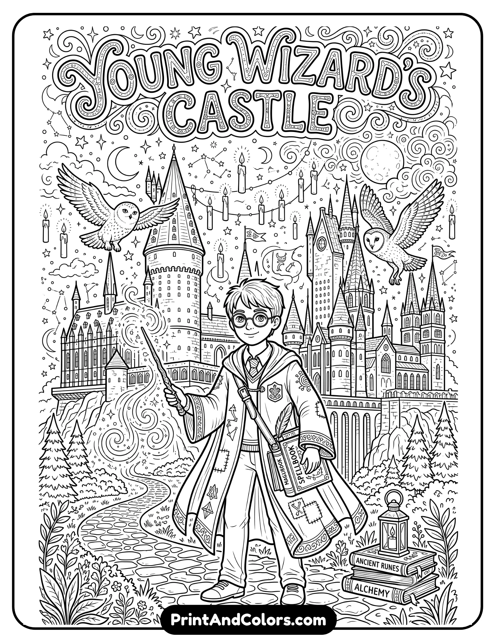 Highly detailed printable black and white fantasy coloring page featuring a young wizard with glasses standing in front of a magical castle holding a wand. Include owls, floating candles, stars, spell books, and swirling magical energy. Crisp clean outlines, coloring book line art style on white background
