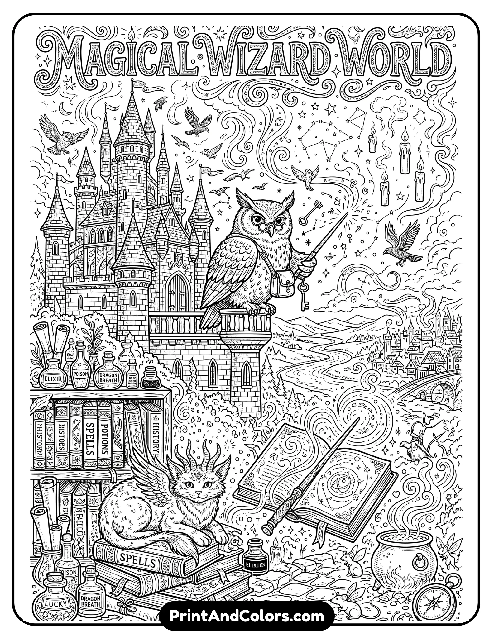 Extremely detailed black and white fantasy coloring page inspired by a magical wizard world, featuring castle towers, spell books, owls, wands, potions, floating candles, enchanted creatures, and swirling magical effects. Adult coloring book complexity with intricate line work and ornate decorative borders