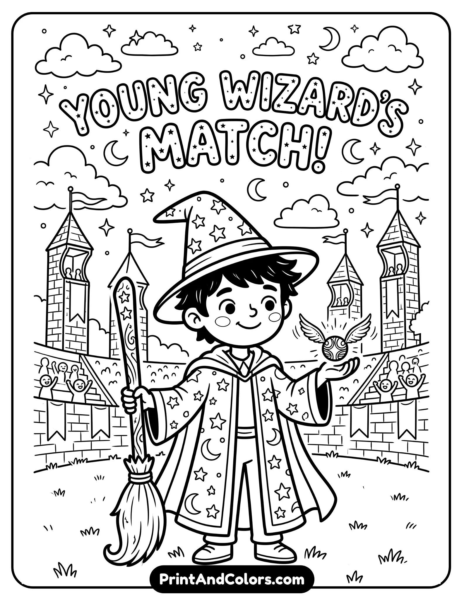 Cute black and white coloring page of a smiling young wizard holding a tiny winged golden ball in his hand. Include broomstick, stars, clouds, and simple magical stadium background. Bold outlines suitable for children, printable fantasy coloring page style