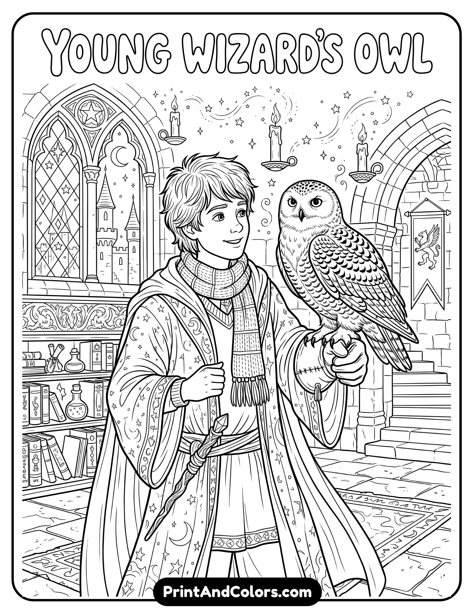 Black and white coloring page of a young wizard gently holding a snowy owl on his arm. Include feathers with intricate detail, magical stars, castle windows, scarf, wand tucked into robe, and floating candles. Printable fantasy coloring book line art style