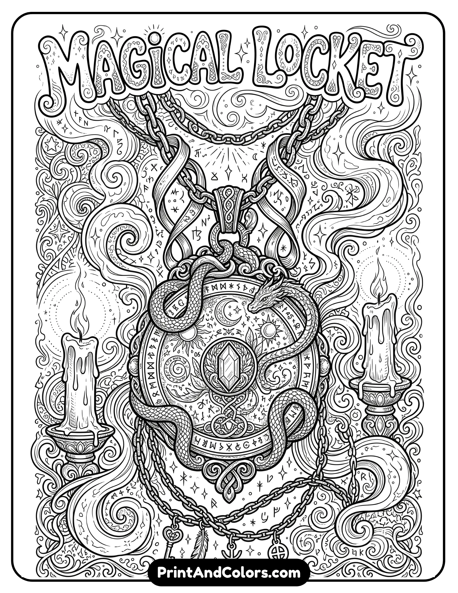 Detailed black and white fantasy coloring page featuring an ornate magical locket with engraved symbols, chains, serpentine decorations, smoke swirls, candles, and mystical runes. Gothic magical atmosphere with intricate adult coloring book line art style and decorative borders