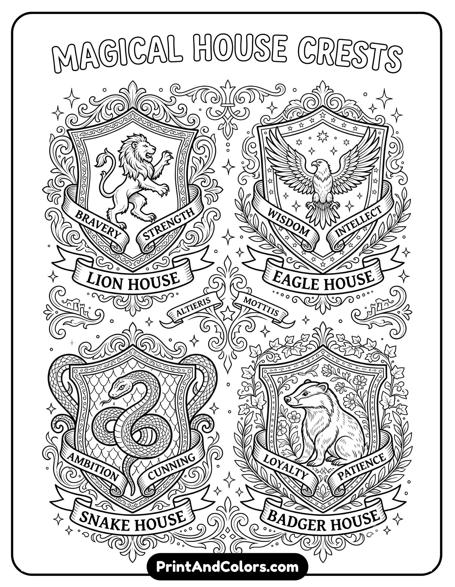 Black and white line art coloring page of four magical house crests inspired by a wizard school fantasy theme, featuring a lion crest, snake crest, eagle crest, and badger crest arranged symmetrically around ornate banners and stars. Include medieval shield details, decorative borders, magical sparkles, scrollwork, and fantasy castle-inspired patterns. Clean bold outlines for coloring, detailed heraldic elements, printable coloring book style, white background, no shading, highly detailed fantasy ink drawing