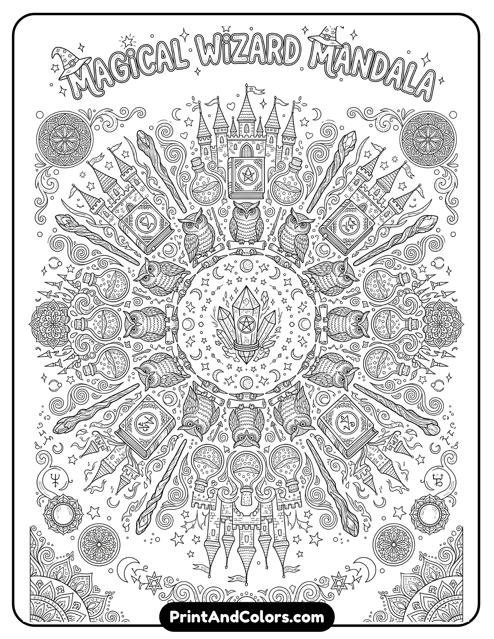 Extremely detailed black and white mandala-style fantasy coloring page inspired by magical wizard themes. Include circular arrangements of wands, owls, stars, castle towers, spell books, potions, magical symbols, and decorative geometric patterns. Intricate adult coloring book line art with symmetrical design and white background