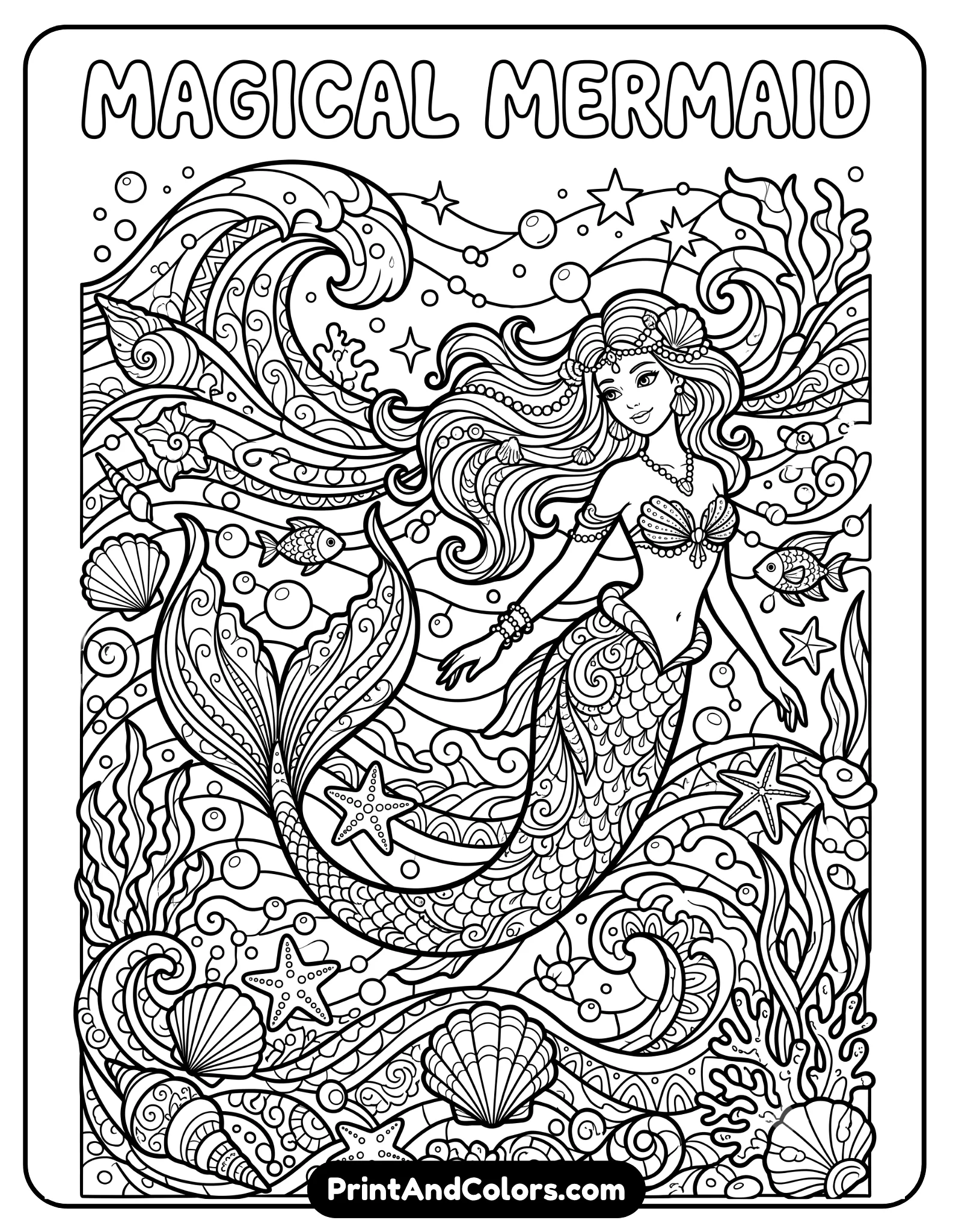 Intricate black and white stained-glass-style coloring page of a magical mermaid surrounded by ocean waves, seashells, bubbles, stars, and decorative fantasy borders. Use thick segmented outlines like stained glass windows with elegant underwater fantasy details. Printable line art coloring page style