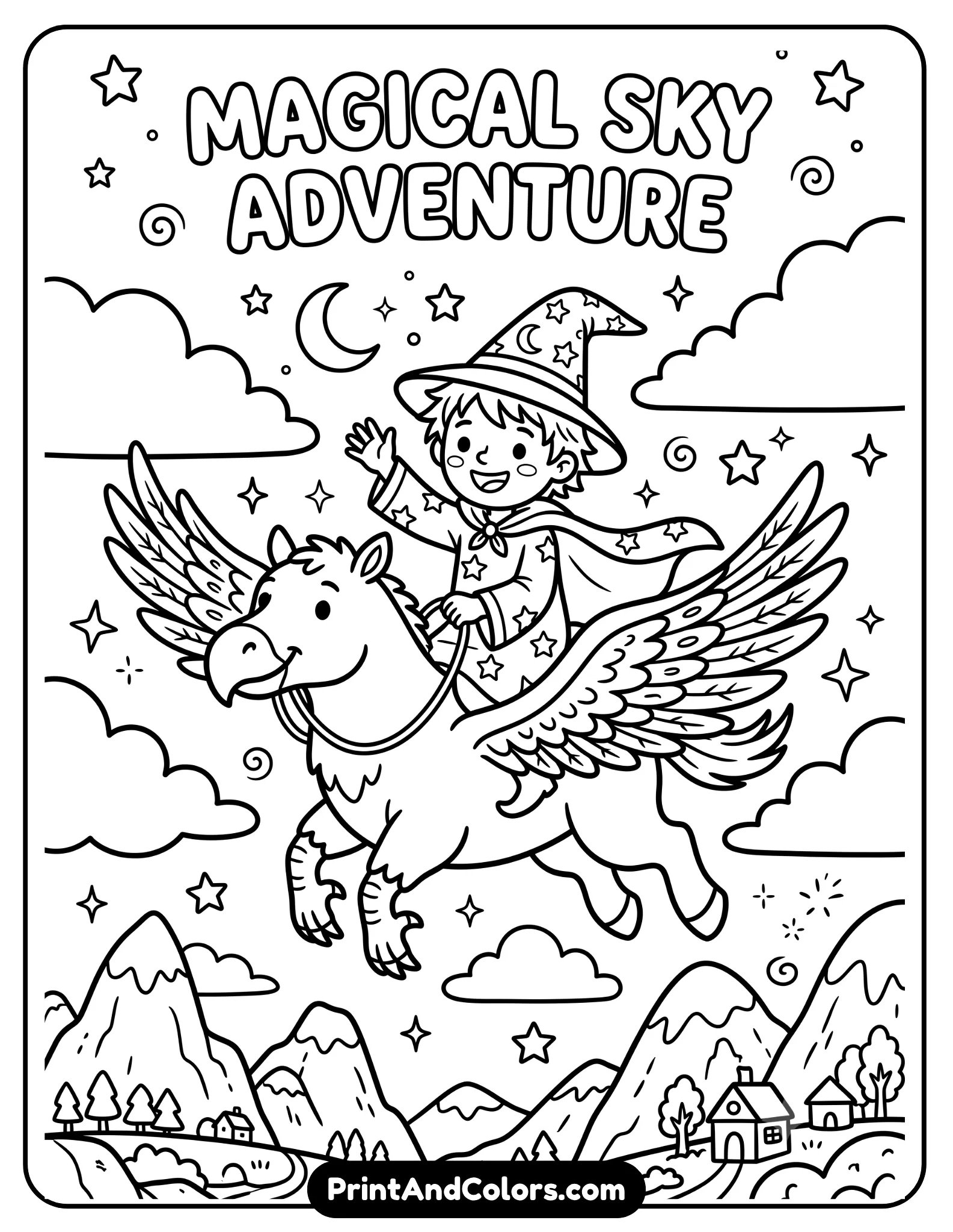 Simple black and white coloring page of a smiling young wizard riding a friendly hippogriff through fluffy clouds. Include simple feather details, stars, mountains, and magical sky scenery. Bold thick outlines suitable for preschool children, printable fantasy coloring sheet style