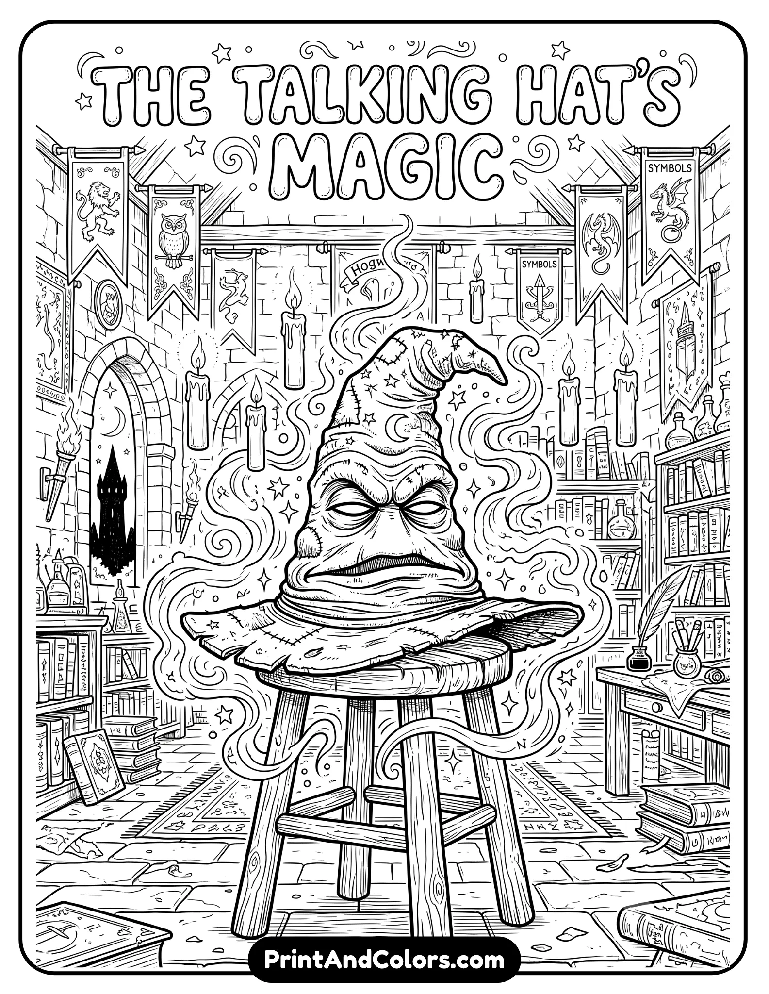 Black and white fantasy coloring page of a magical talking hat sitting on an old wooden stool inside a wizard school hall. Include floating candles, magical stars, banners, spell books, and enchanted smoke swirls around the hat. Detailed wrinkle textures on the hat with clean printable line art and fantasy classroom atmosphere