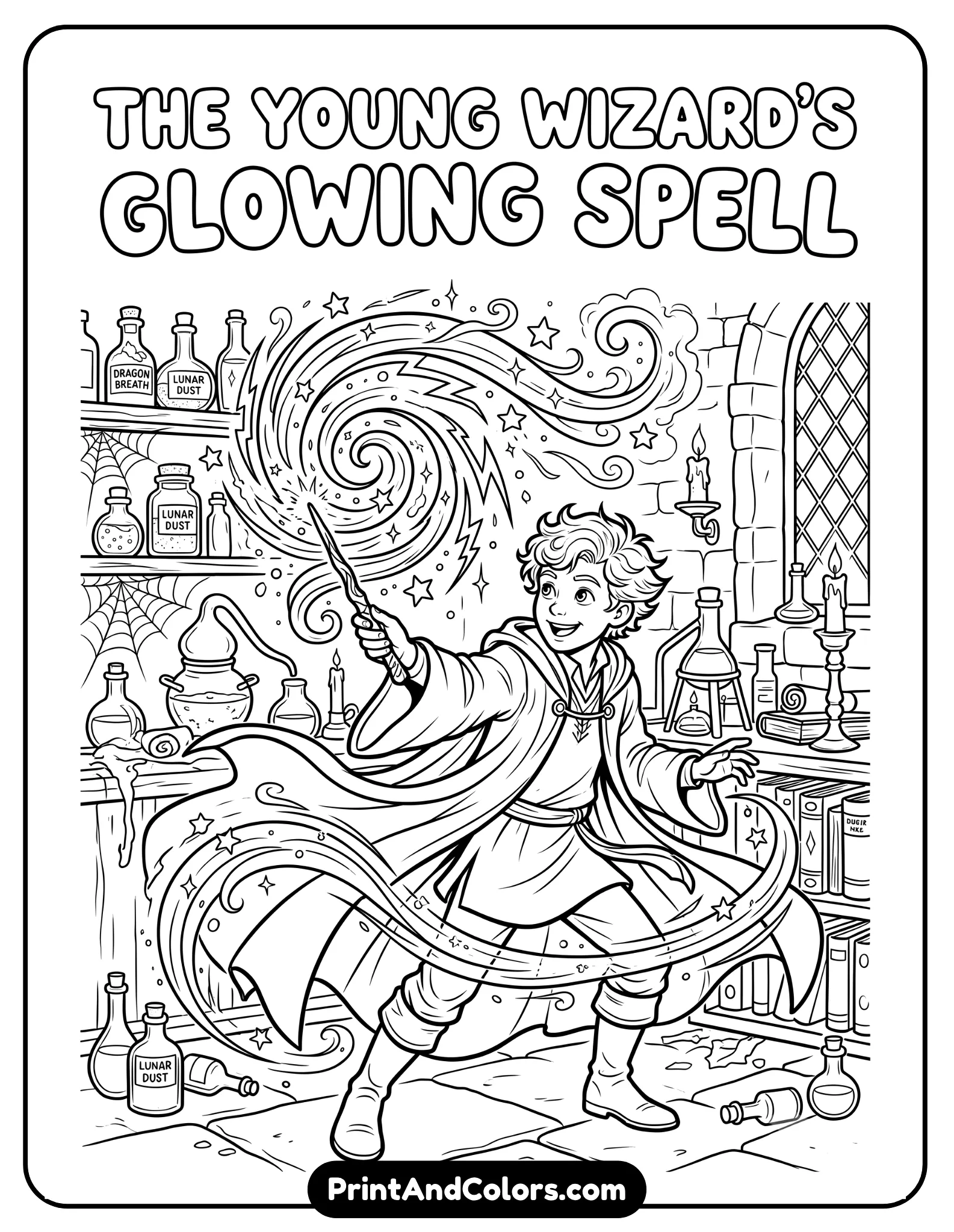Black and white coloring page of a young wizard holding a magic wand while casting a glowing spell swirl. Include magical sparks, lightning-like energy trails, floating stars, smoke curls, and dramatic robe movement. Fantasy classroom background with potion bottles and candles. Clean crisp outlines, detailed magical effects, printable line art coloring sheet style, white background, no grayscale