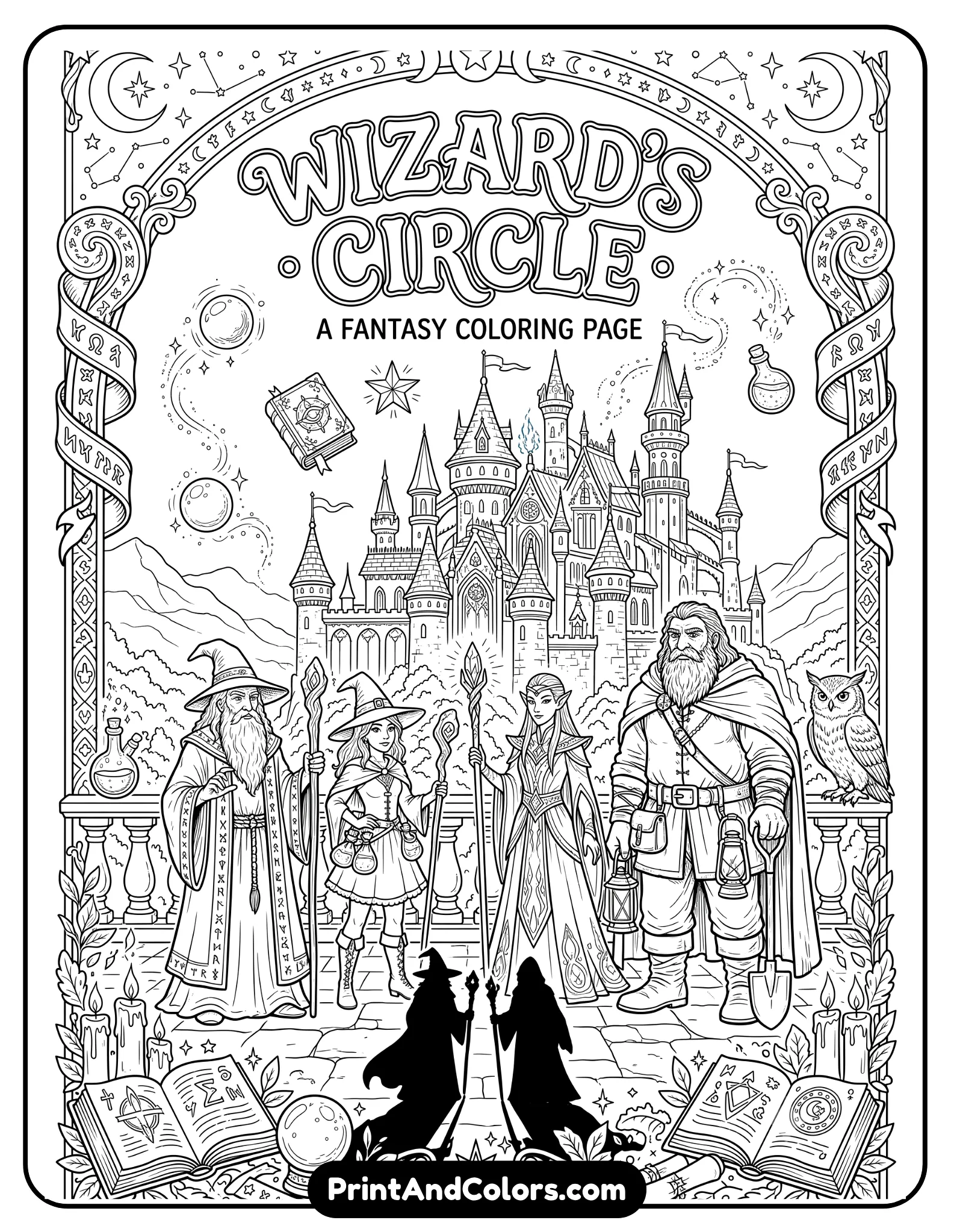 Large black and white fantasy group coloring page featuring multiple wizard characters together in front of a magical castle. Include wise old wizard, young witch, magical elf, owl, giant groundskeeper, dark wizard silhouettes, and floating magical objects. Decorative stars, candles, spell books, and banners surrounding the scene. Highly detailed printable line art coloring book style