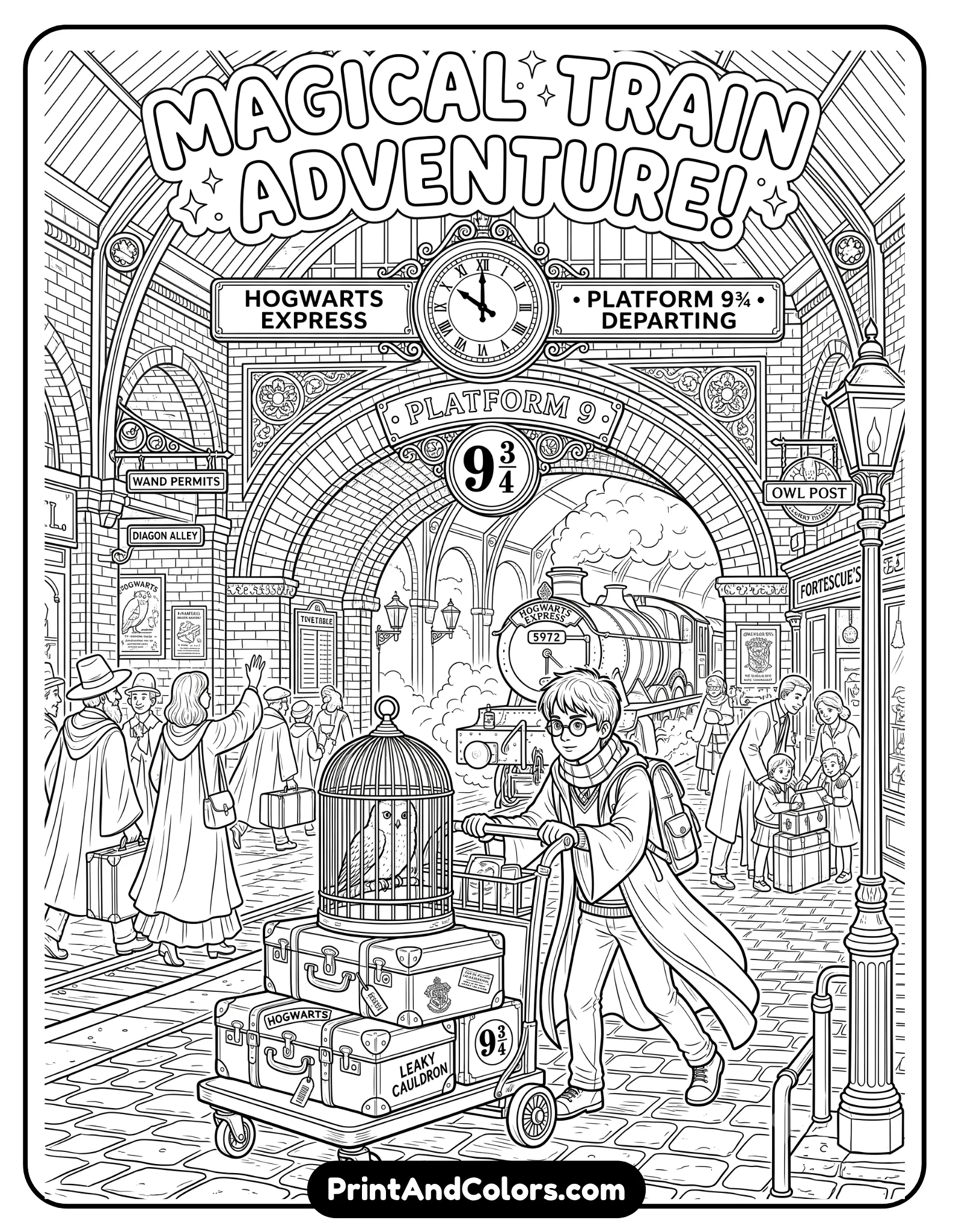 Detailed black and white coloring page of a young wizard pushing a luggage cart with owl cage and suitcase through a magical train platform entrance. Include steam train, brick archway, station clock, magical signs, and travelers in the background. Printable fantasy line art with realistic train station details
