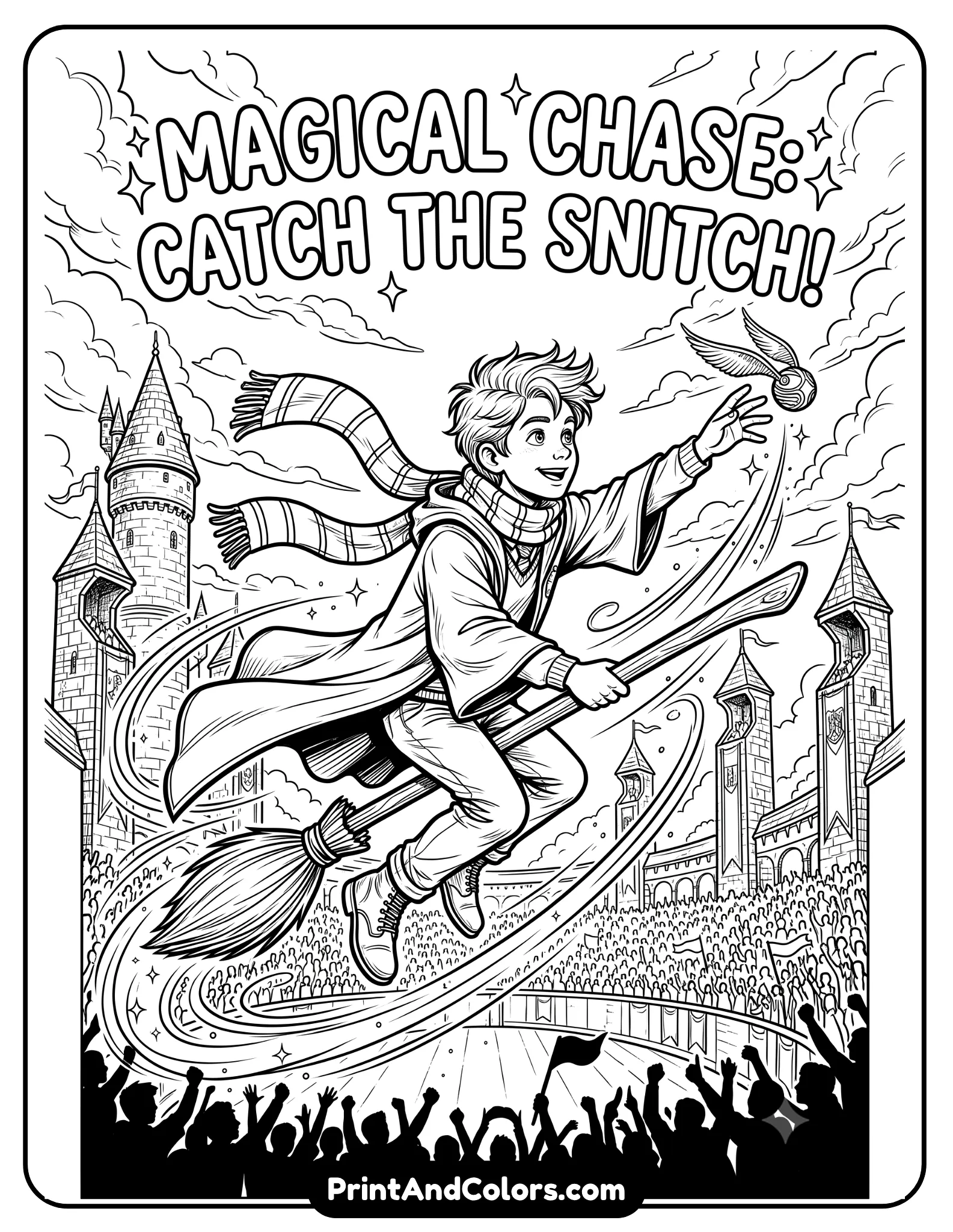 Detailed black and white coloring page of a young wizard flying fast on a broomstick reaching toward a tiny winged golden ball. Include clouds, stadium towers, cheering crowd silhouettes, flowing scarf, and magical motion lines. Printable fantasy sports coloring page style with crisp outlines