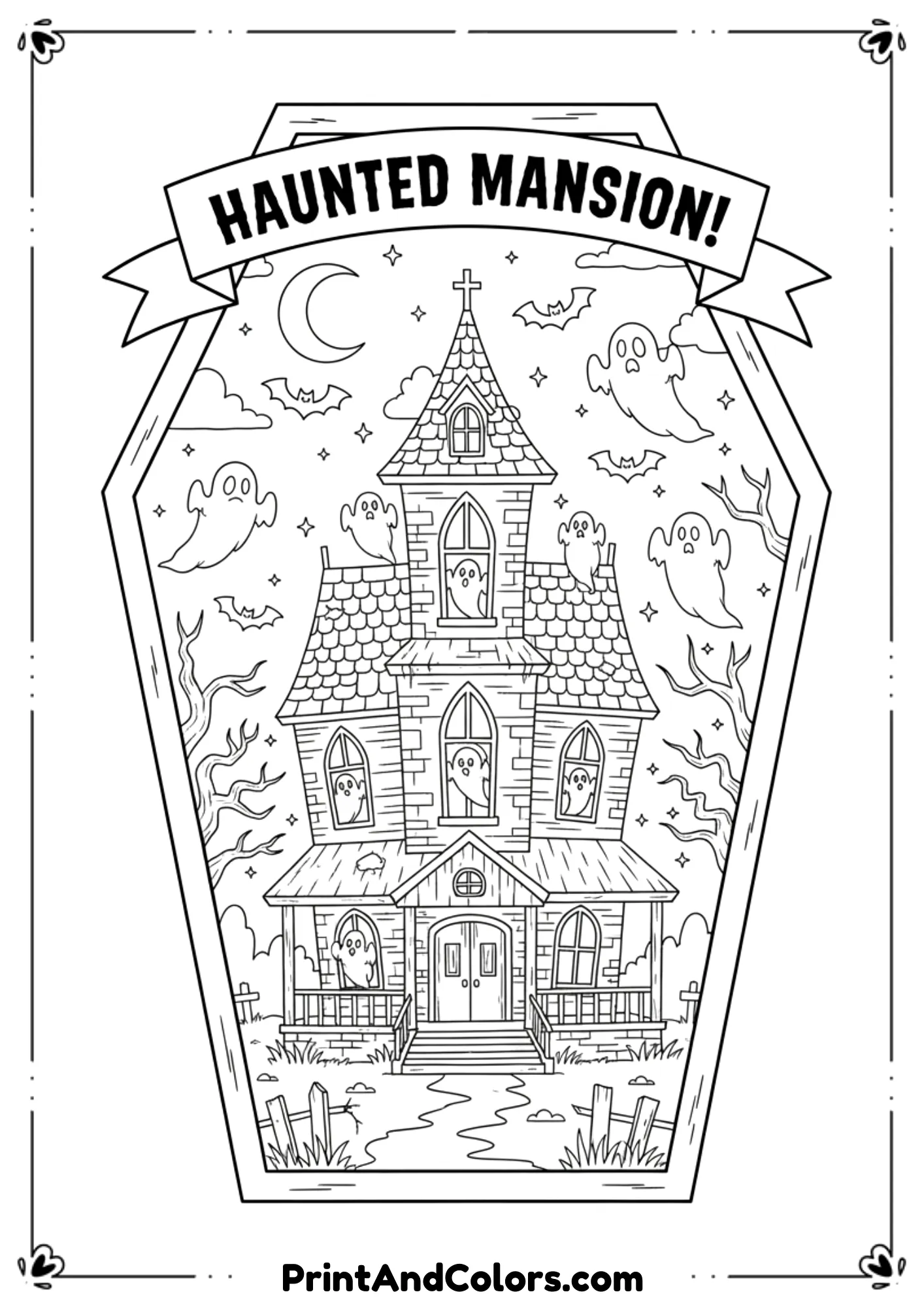  Detailed haunted house with spooky windows, bats, and ghosts floating, outlined in line drawing.
