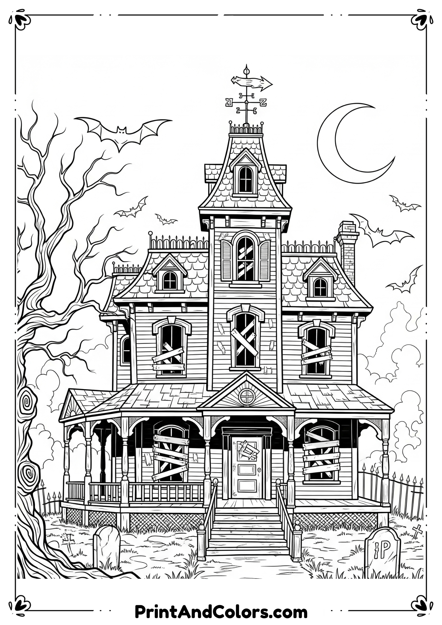 Detailed haunted house with spooky windows, bats, and ghosts floating, outlined in line drawing.