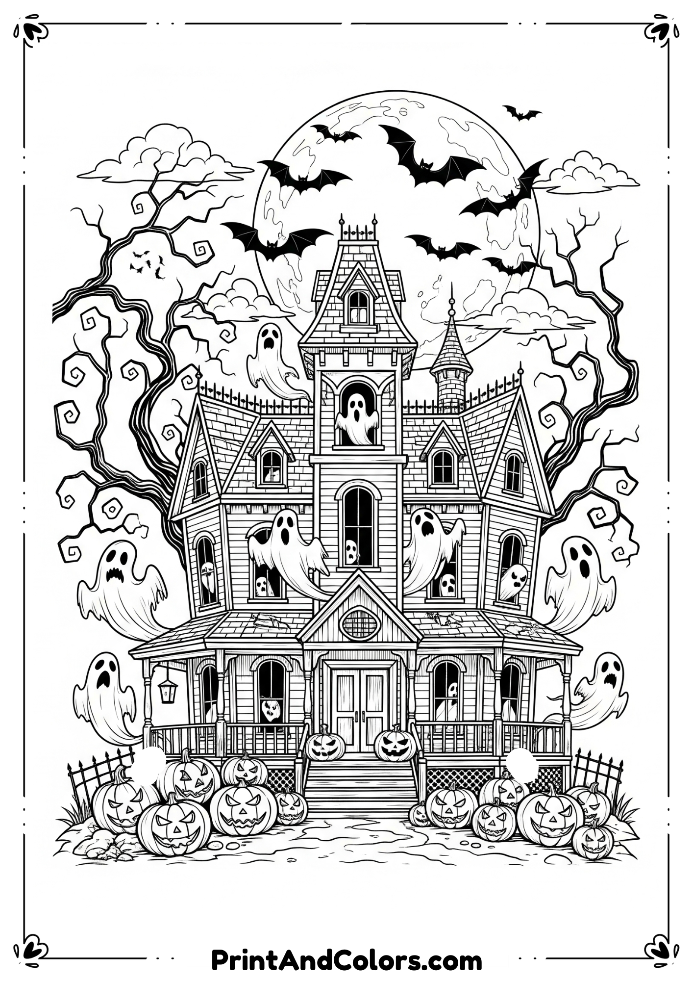 Haunted house with ghosts, pumpkins, bats, and full moon in black-and-white detailed line art