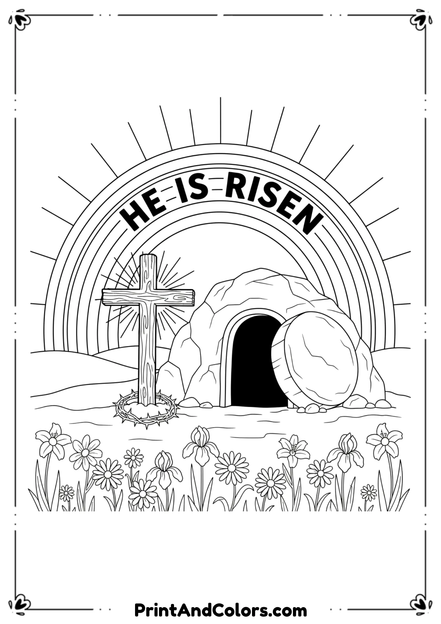 Black and white drawing of a cross, empty tomb, and rainbow with “He Is Risen” text.

