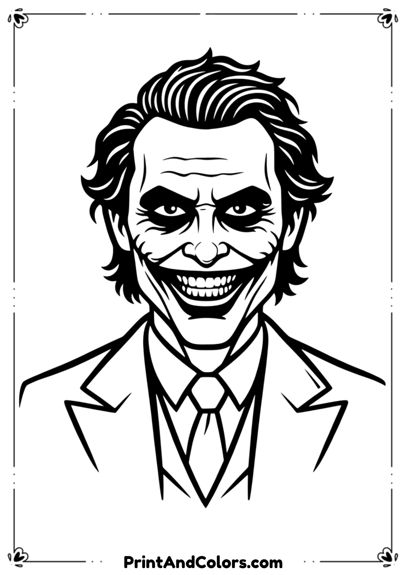  Black and white portrait line art of Heath Ledger’s Joker with scars and clown paint.
