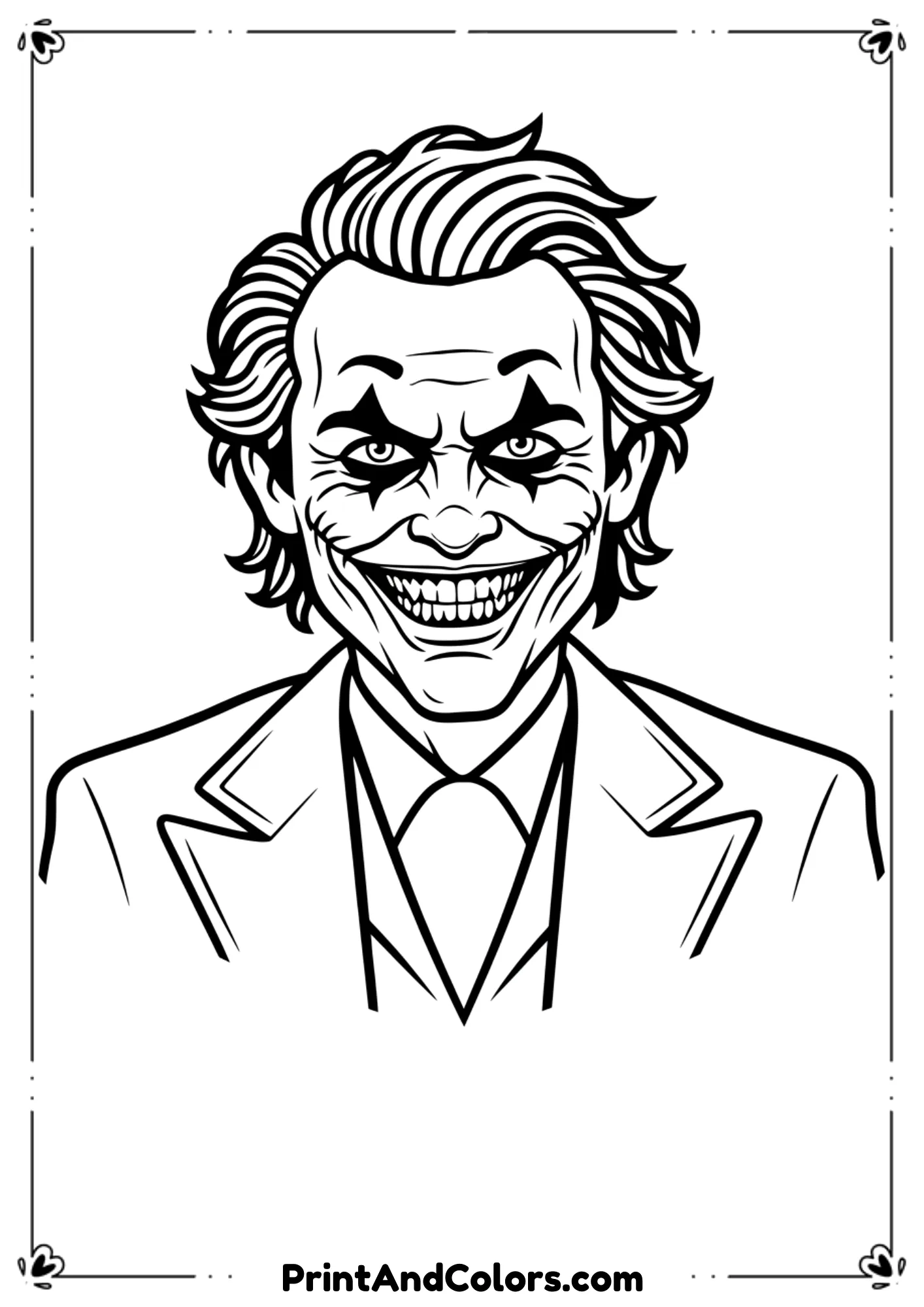  Heath Ledger’s Joker in black and white line art with iconic makeup, scars, and sinister smile.
