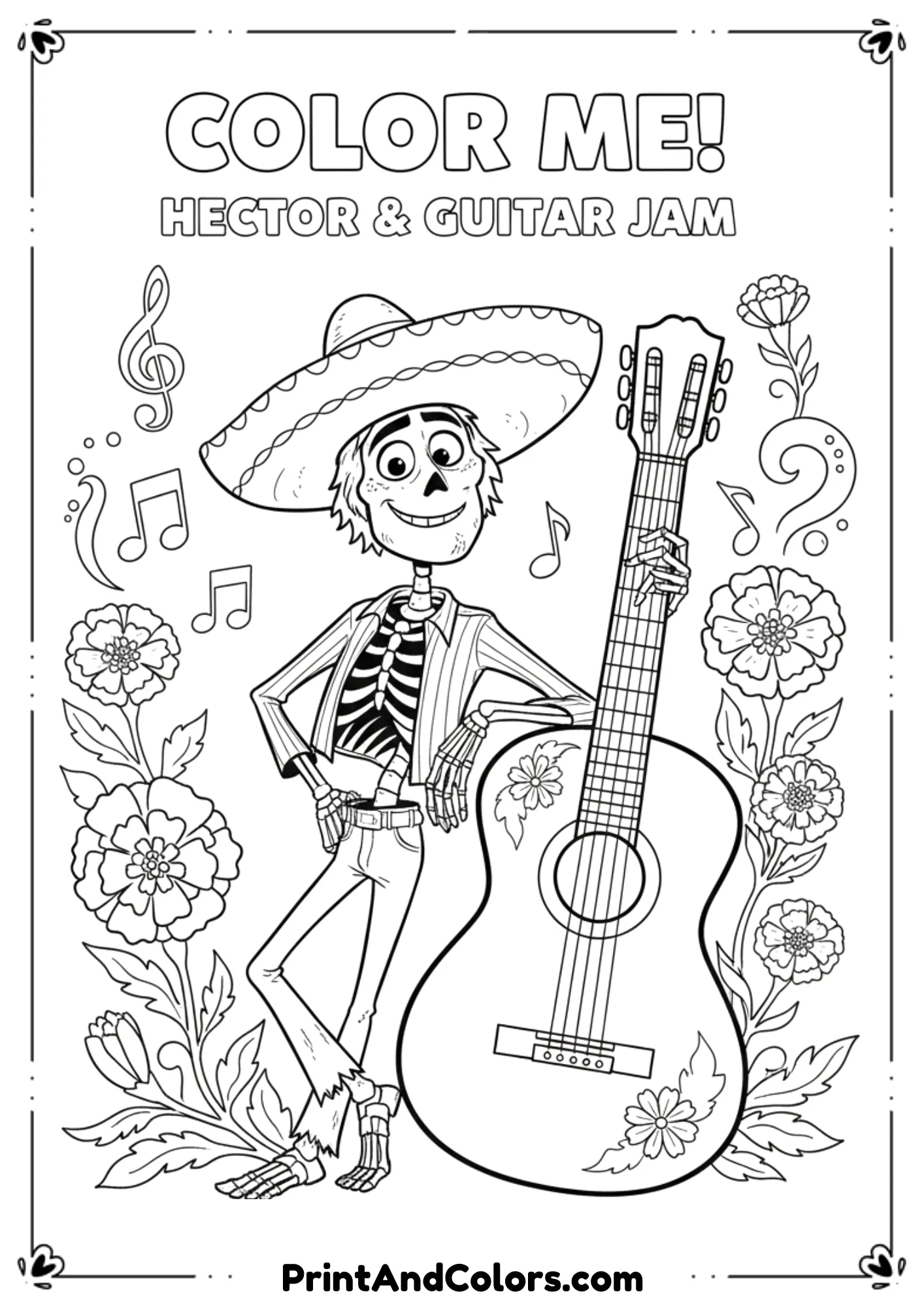 Black and white line art of Hector casually leaning on a guitar, Coco skeleton character coloring page for kids.