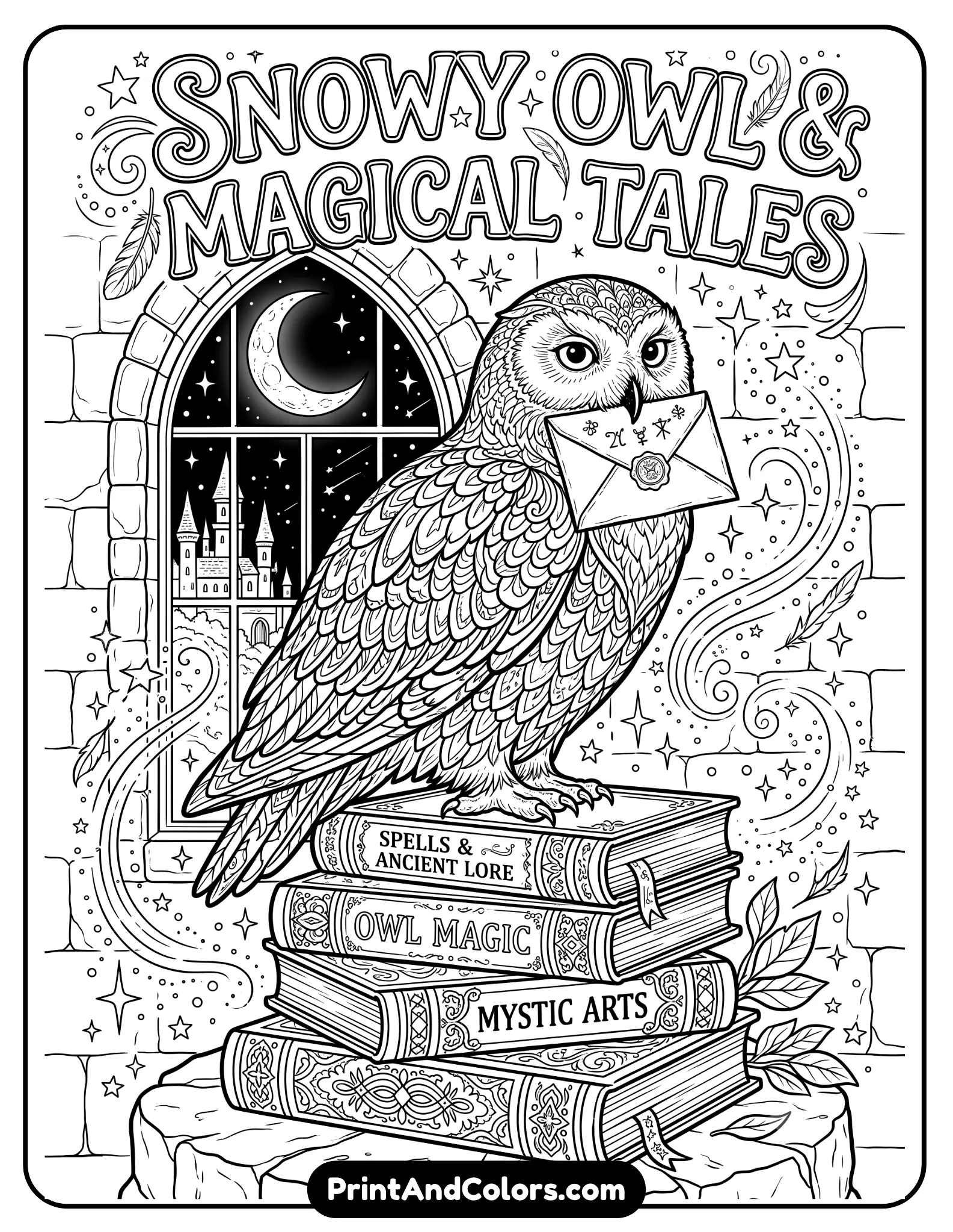 Beautiful black and white coloring page of a snowy owl perched on a stack of spell books holding a letter in its beak. Include feathers with intricate details, stars, moonlight, castle windows, and magical sparkles. Printable fantasy coloring page style with crisp outlines