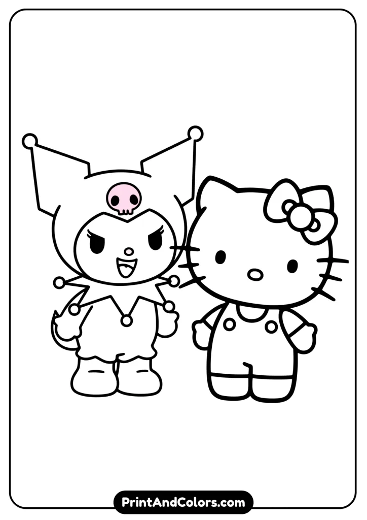 Kuromi standing next to Hello Kitty, both smiling, cartoon black and white line art with simple outlines.