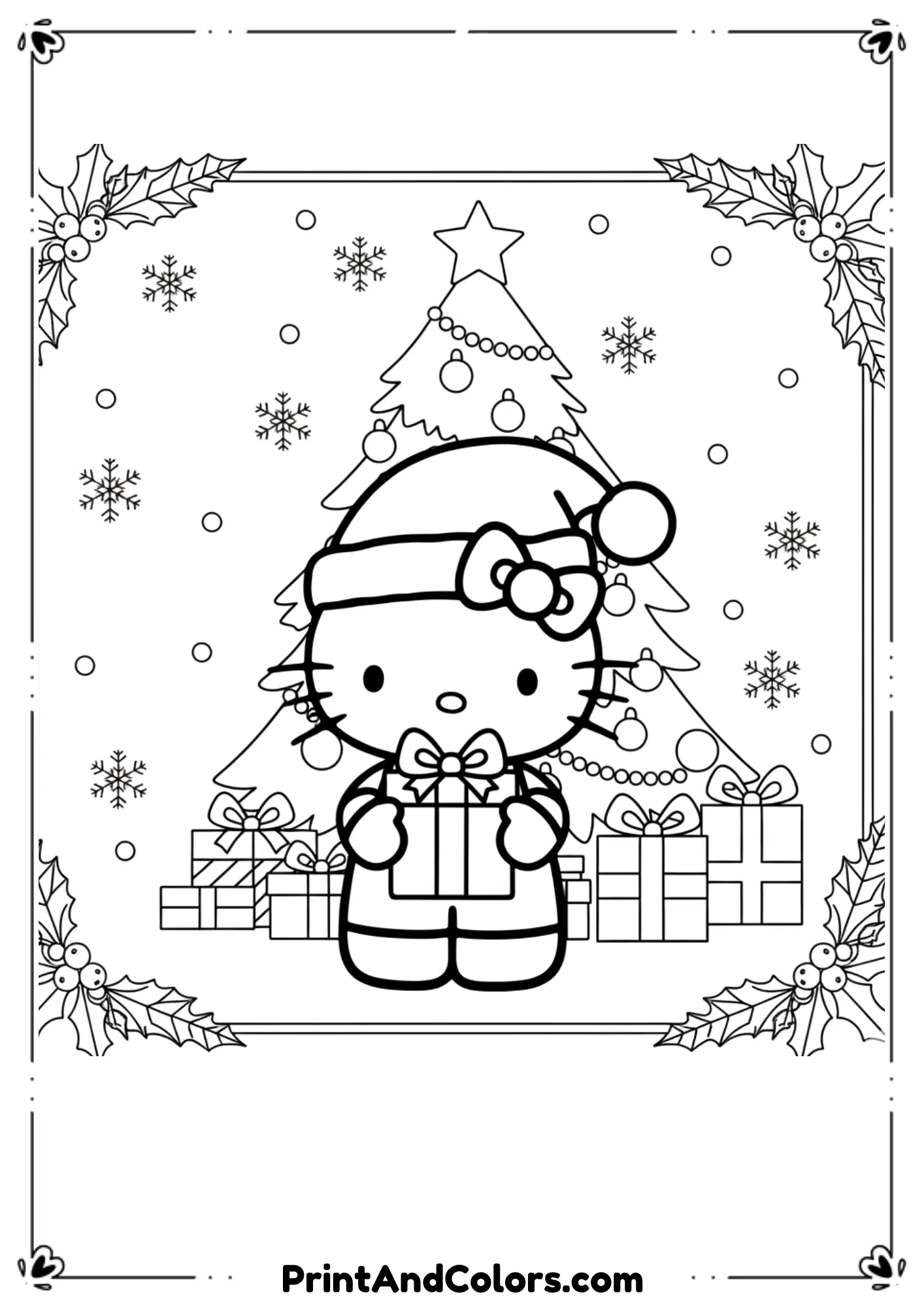 Line art of Hello Kitty wearing a Santa hat, holding a gift with Christmas decorations around.
