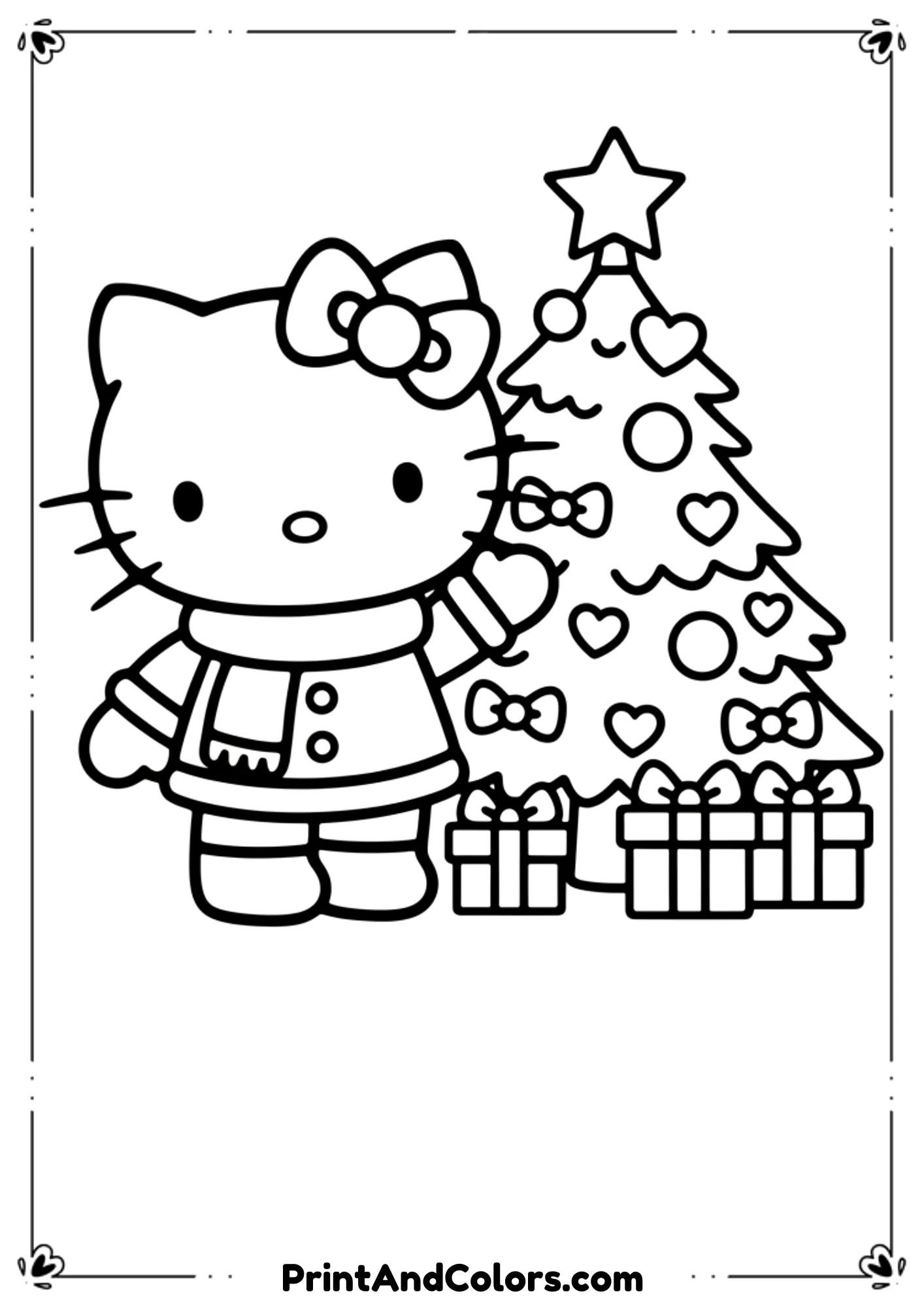Cute line-art inspired by Hello Kitty style (generic cat character, not copyrighted) standing beside a small decorated Christmas tree. Simple bows, hearts, and ornaments. Child-friendly outlines.
