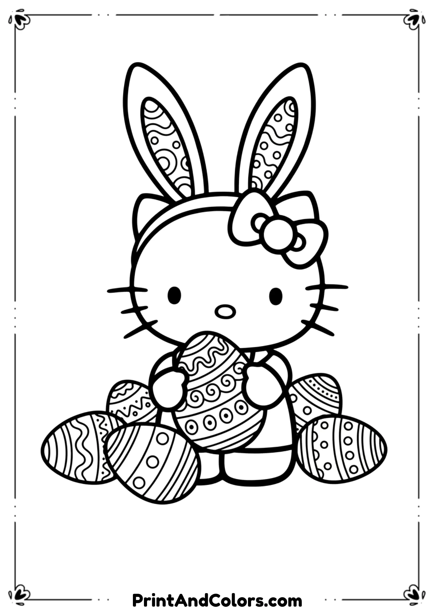 Line art of Hello Kitty holding an Easter egg and wearing bunny ears.
