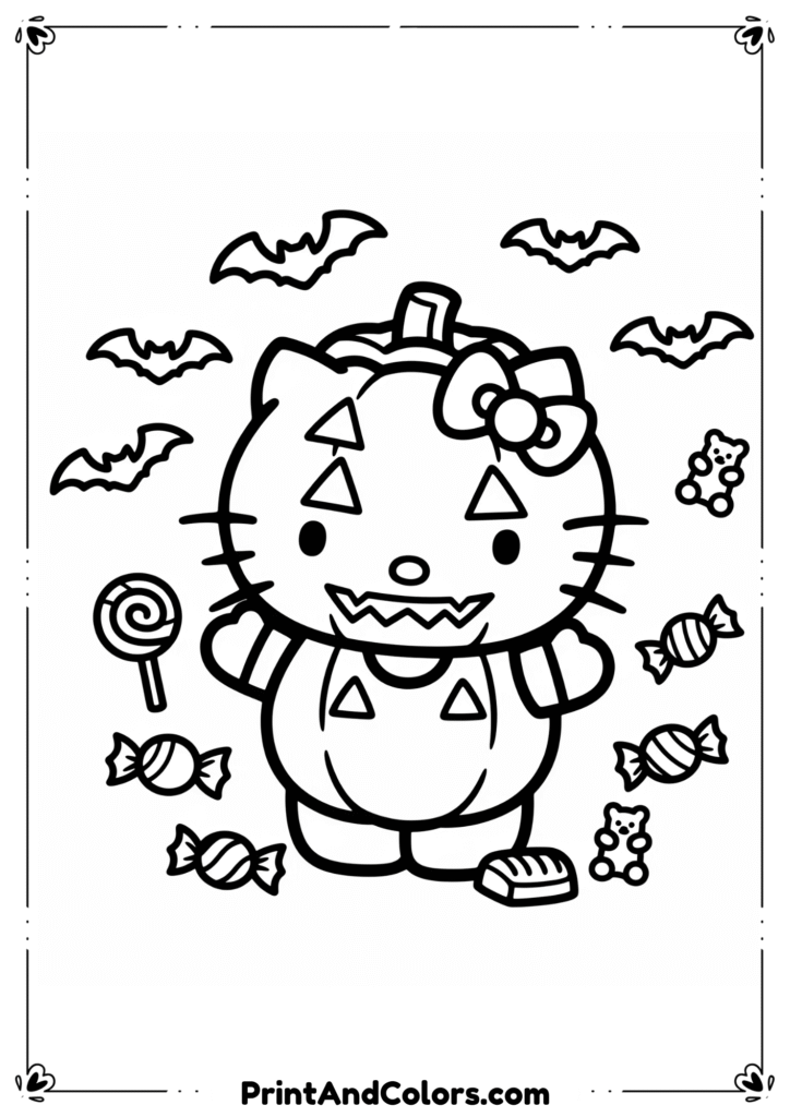 Hello Kitty in pumpkin costume with bats and candy around, outlined in cute line drawing.