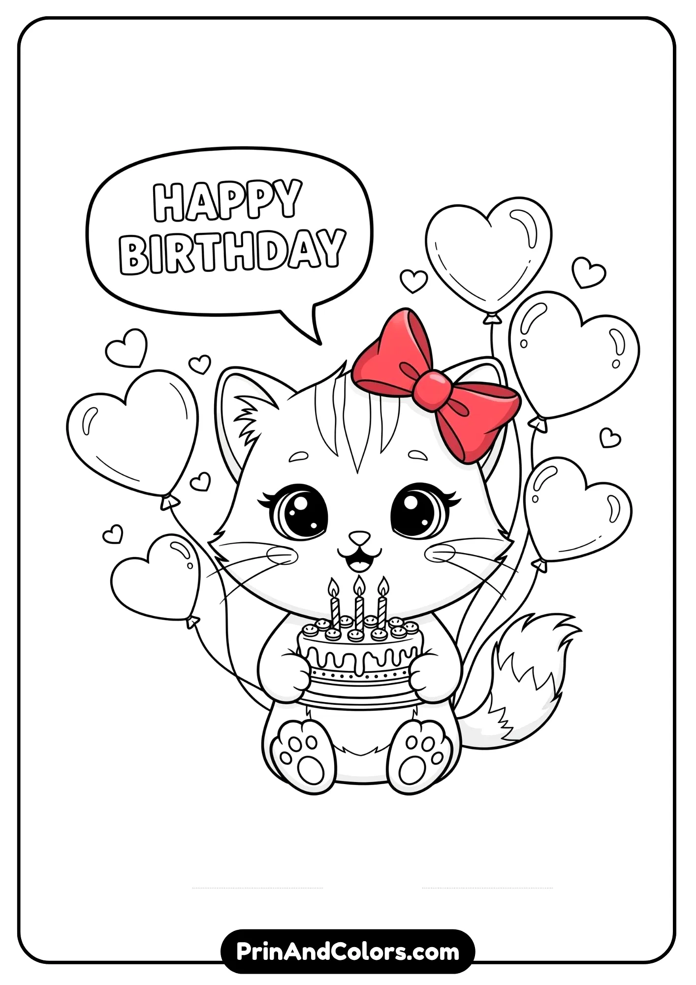 Cute kitty birthday coloring page with bow, cake, and hearts.