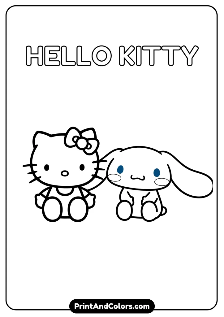 Hello Kitty and Cinnamoroll sitting side by side, cartoon style, black and white outline drawing, no colors, clean background