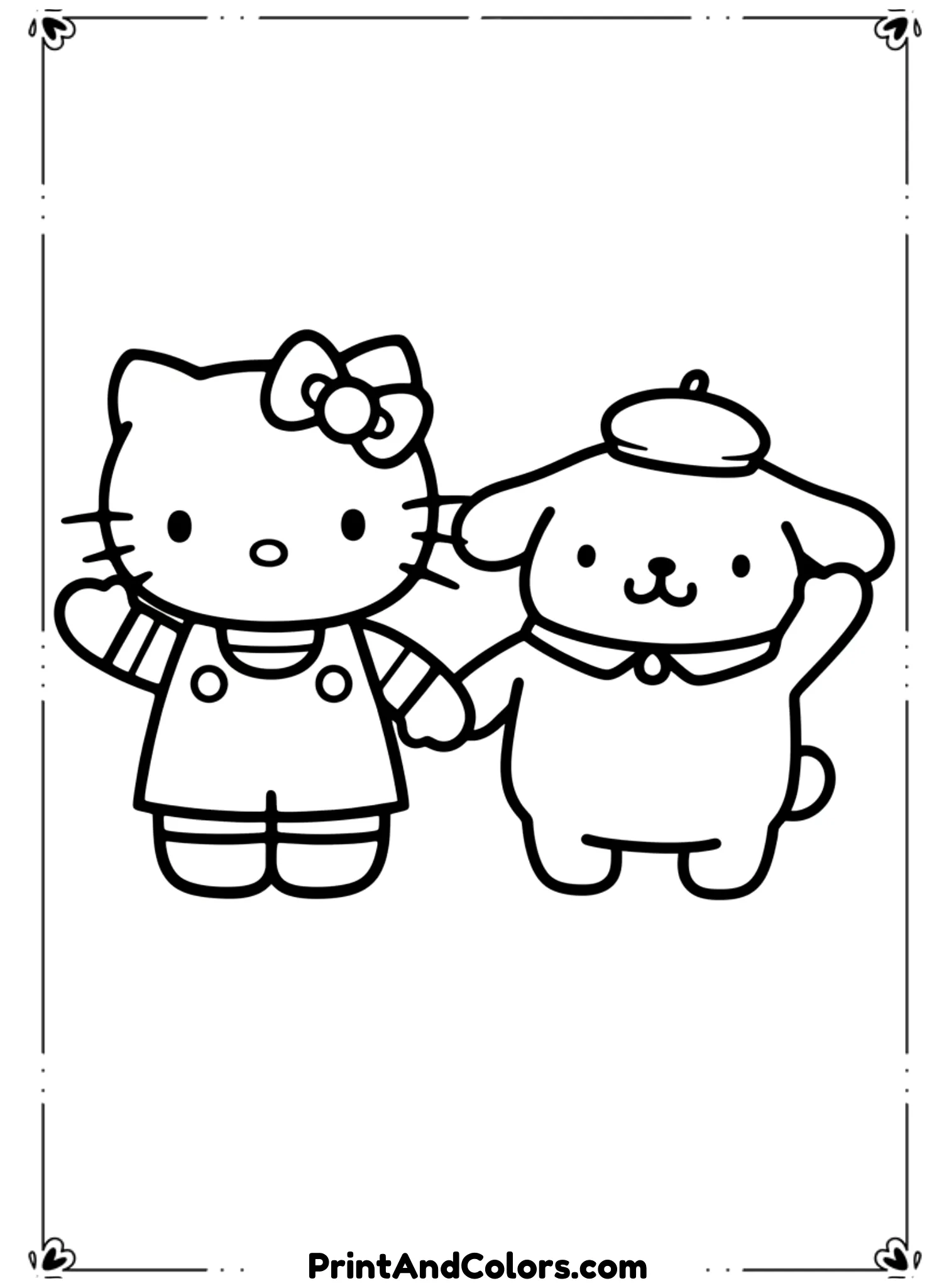 Illustrate Hello Kitty and PomPompurin interacting warmly, such as holding hands or waving together. Use clean black outlines, rounded shapes, no shading, and a friendly child-safe composition.
