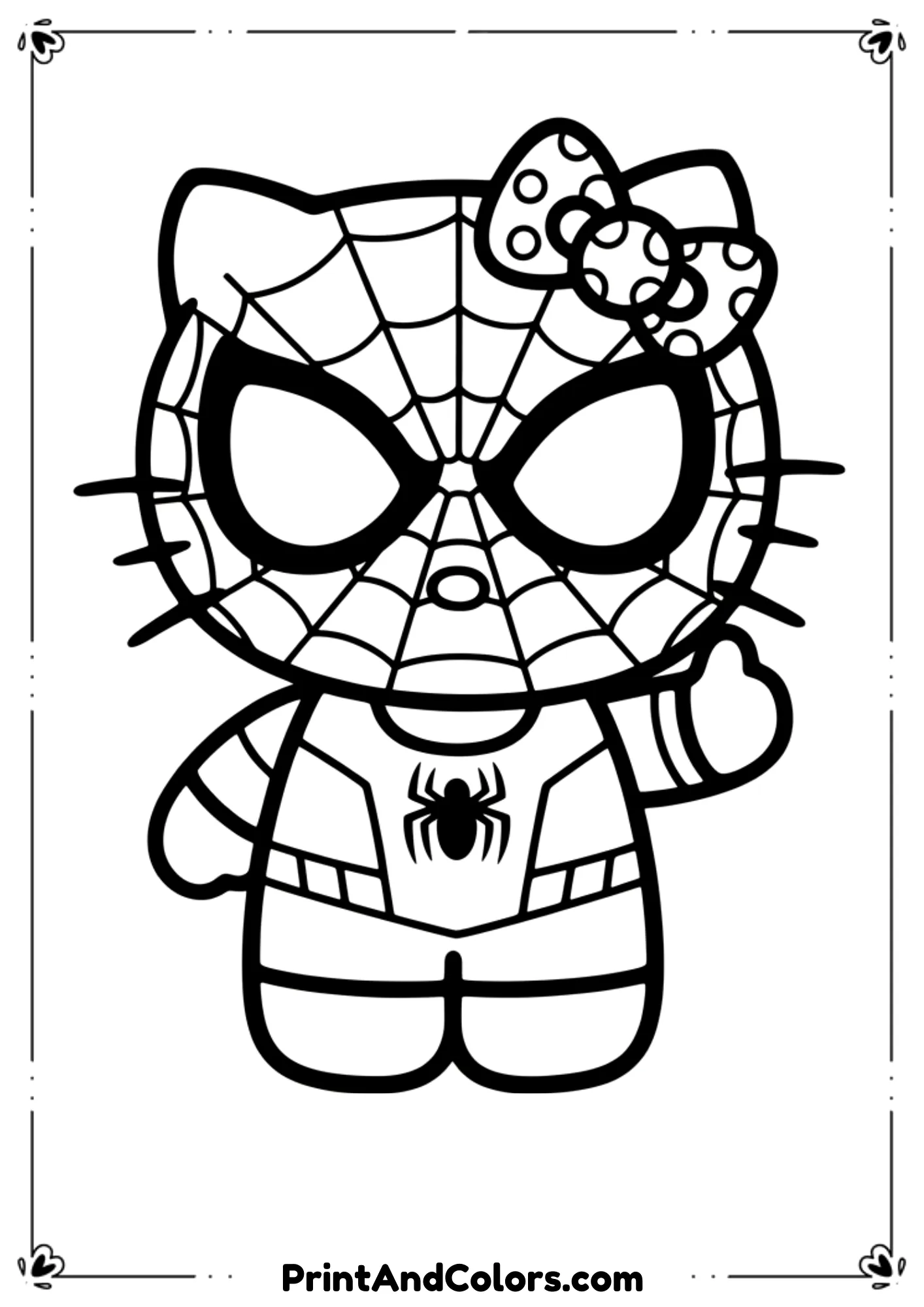 Cute mashup of Hello Kitty wearing a Spider-Man mask, fun cartoon outlines.
