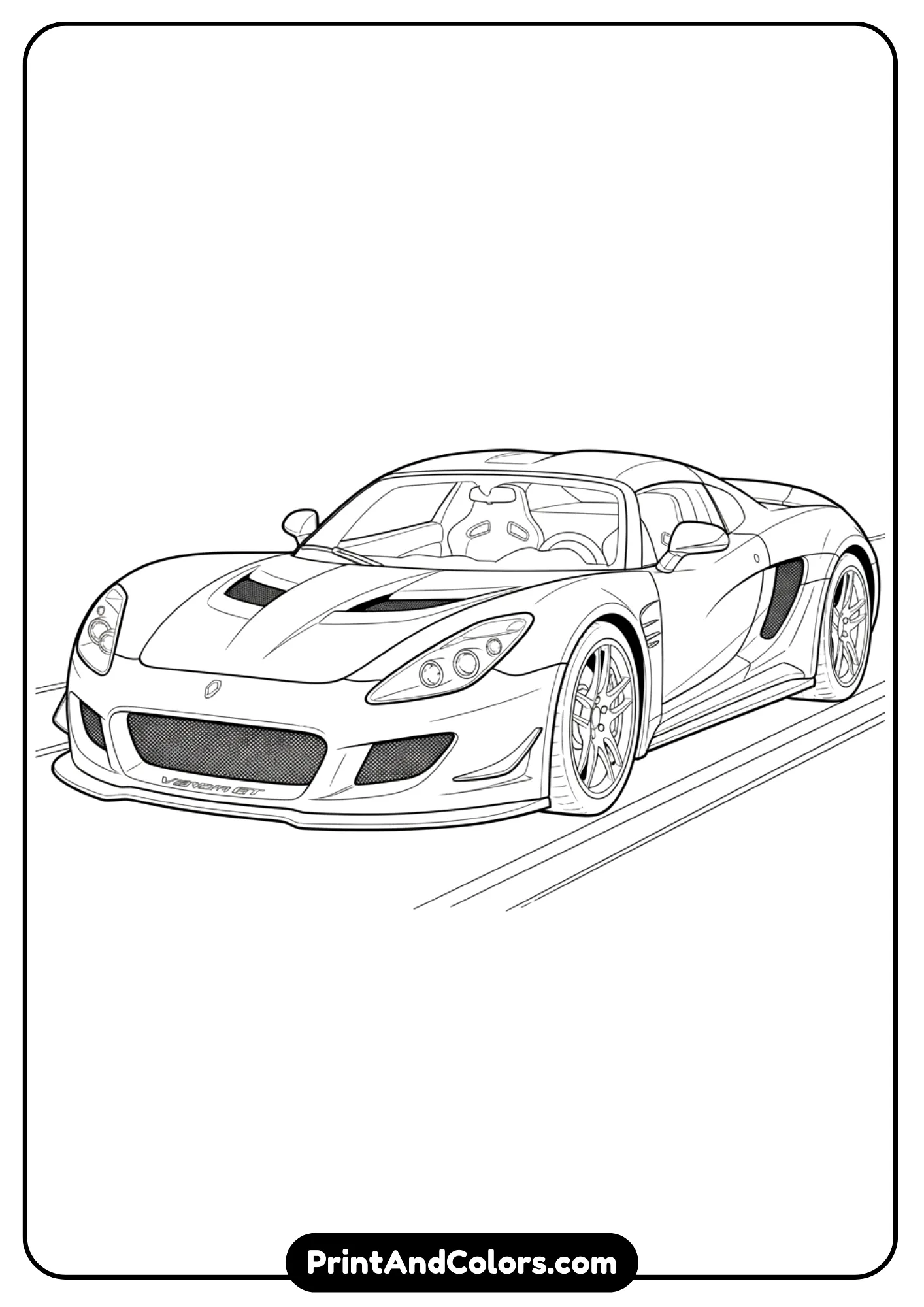 Black-and-white outline of Hennessey Venom GT supercar with sleek design, racing lines, front view emphasized.