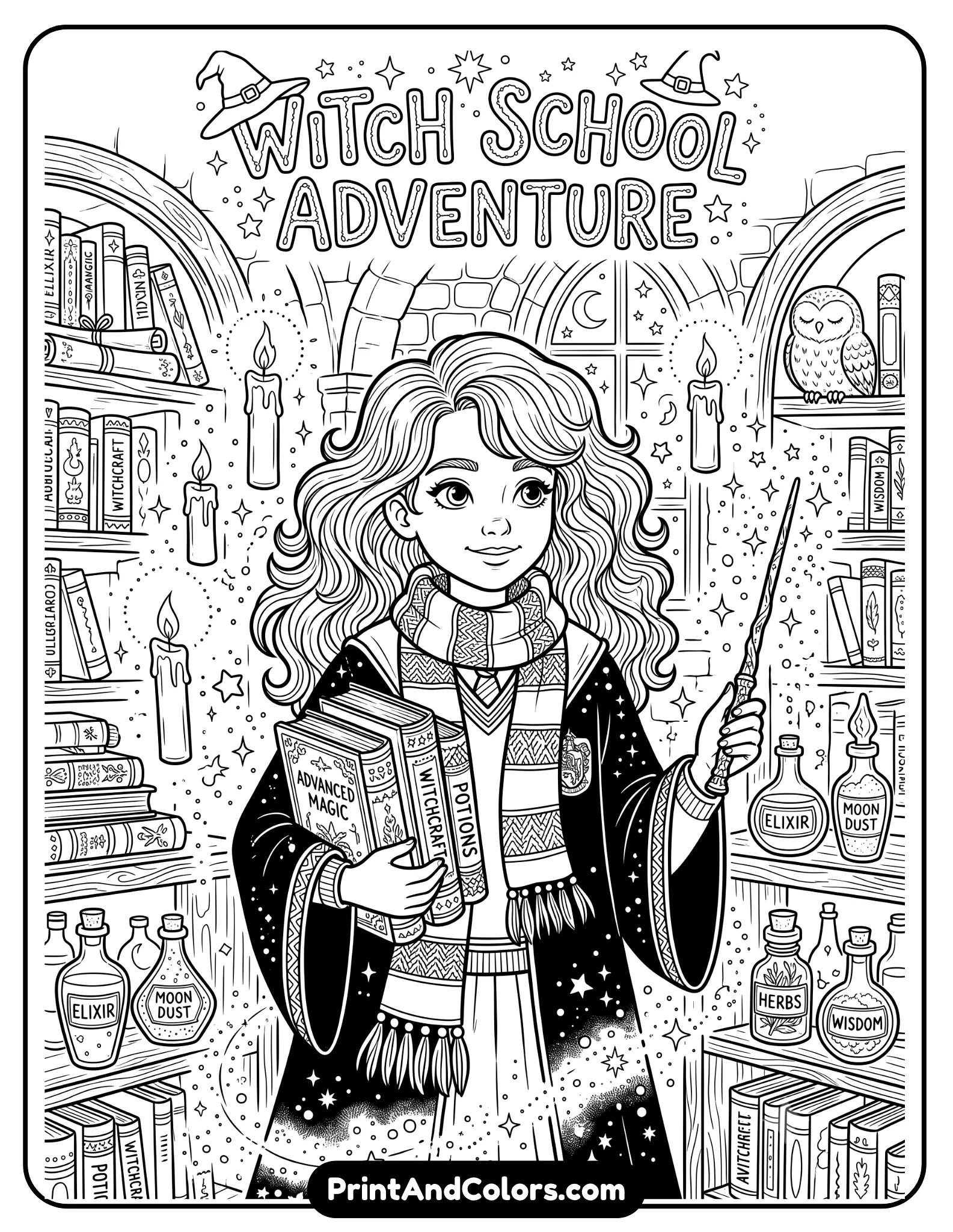 Detailed black and white line art coloring page of a smart young witch with wavy hair holding spell books and a wand, wearing a school robe and scarf. Include library shelves, floating candles, potion bottles, and magical stars around her. Cute but realistic fantasy illustration with clean outlines and intricate details for coloring, printable coloring book page style
