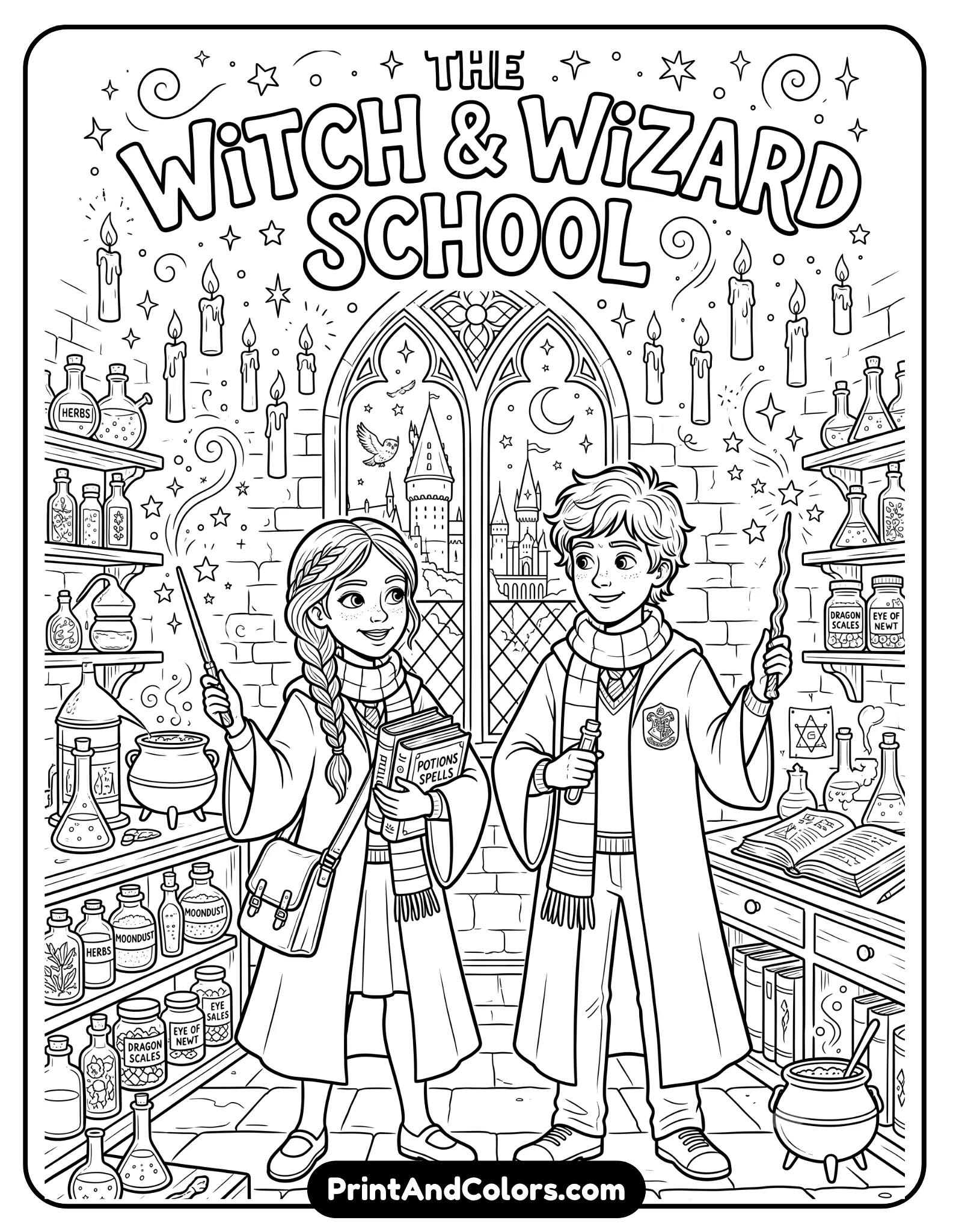 Detailed black and white coloring page of a clever young witch holding books and a wand while standing beside her wizard friend in school robes. Include potion classroom details, floating candles, magical stars, and castle windows. Clean printable fantasy line art with expressive character poses