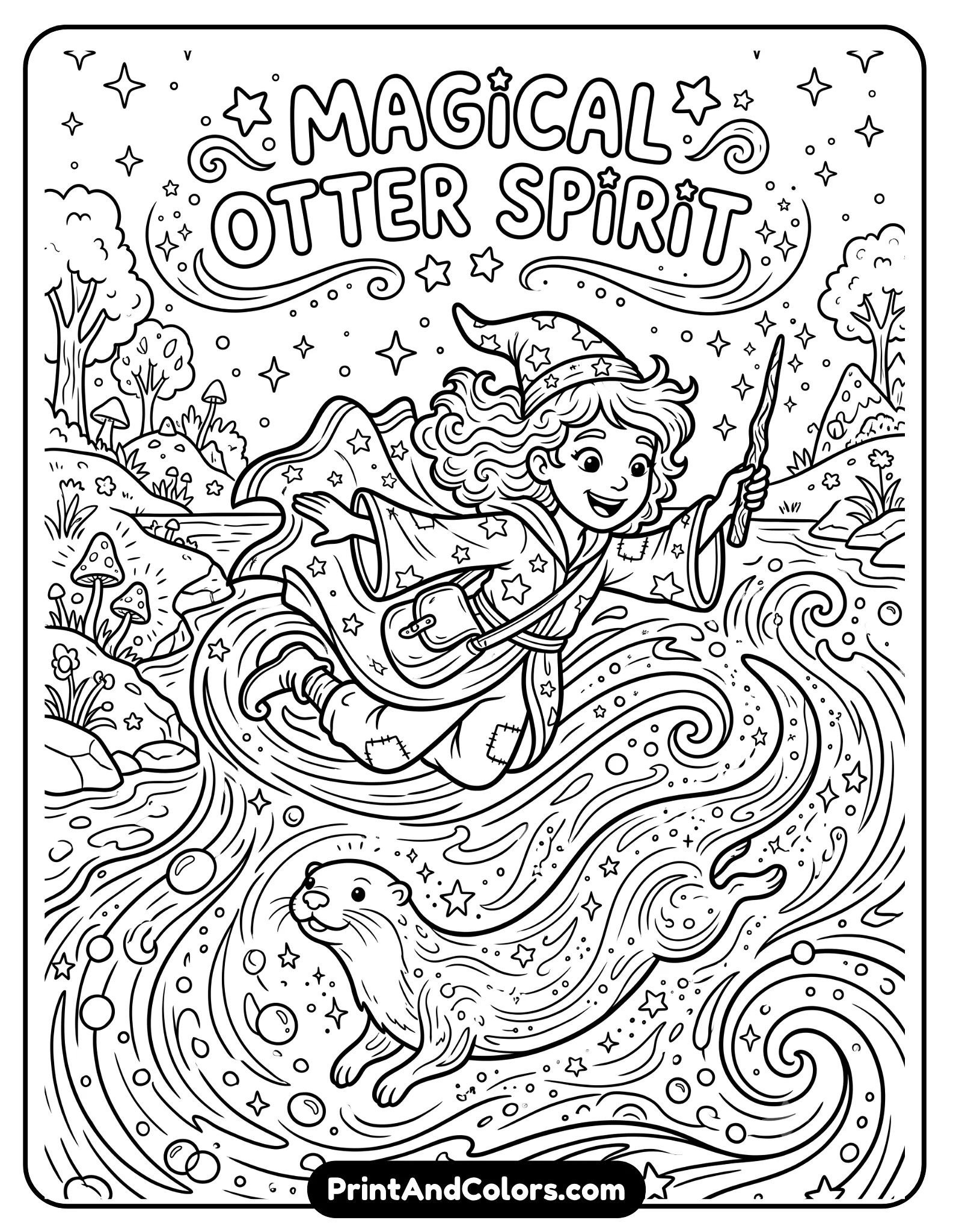 Magical black and white coloring page of a glowing otter spirit swimming through swirling magical waves beside a young witch with wand. Include stars, sparkles, flowing magical energy, and simple fantasy scenery. Bold kid-friendly outlines with printable coloring book style