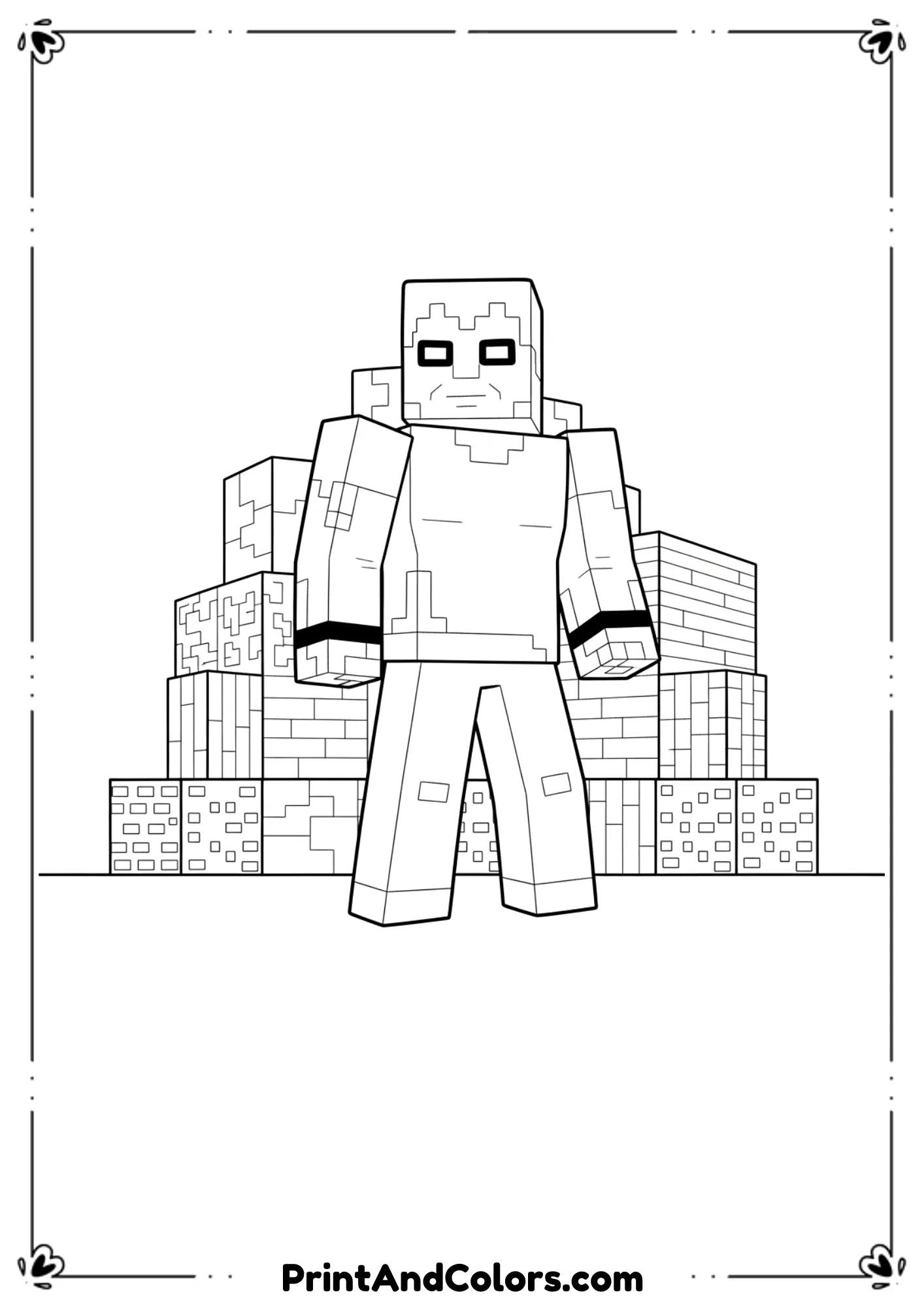  Black and white line illustration of Minecraft Herobrine with glowing eyes outlined only, mysterious stance, simple block background, bold outlines, printable coloring page.
