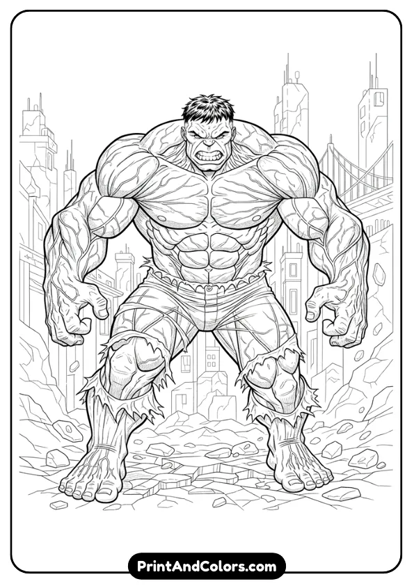 Ultra-detailed Hulk line art for adults, intricate muscles, veins, torn pants, heavy outlines but no shading, complex textures