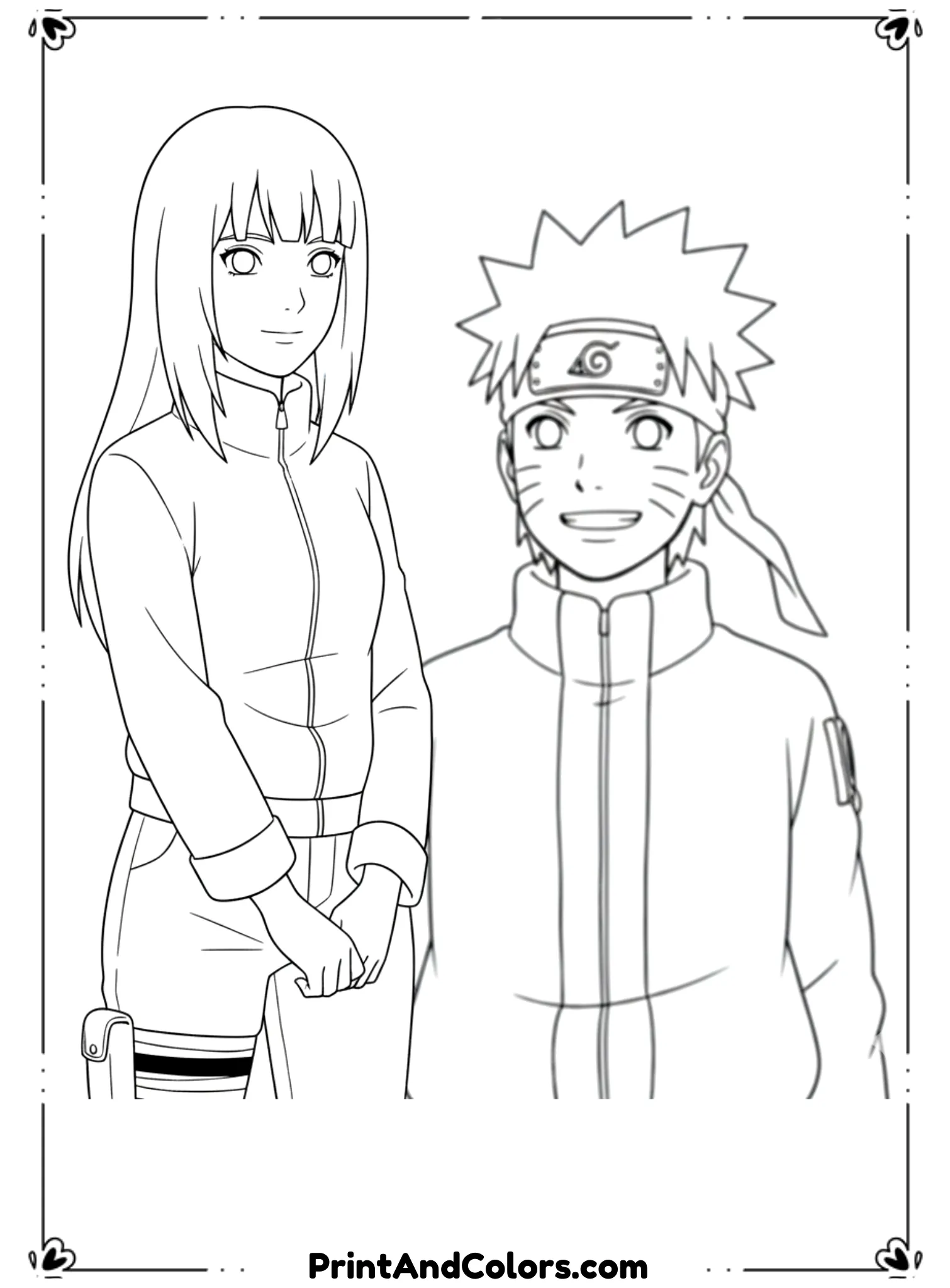 Illustrate Hinata standing with a shy smile while looking toward Naruto. Soft body language, gentle expression. Naruto appears slightly in the background. Clean black outlines, no shading, romantic anime coloring style.
