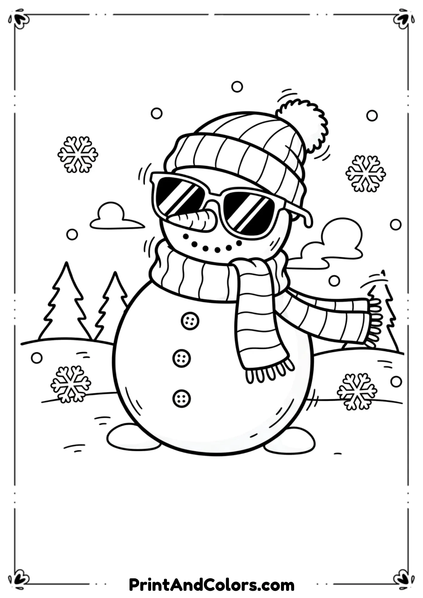 Cool snowman wearing large sunglasses, tilted hat, and scarf. Fun, modern cartoon vibe.

