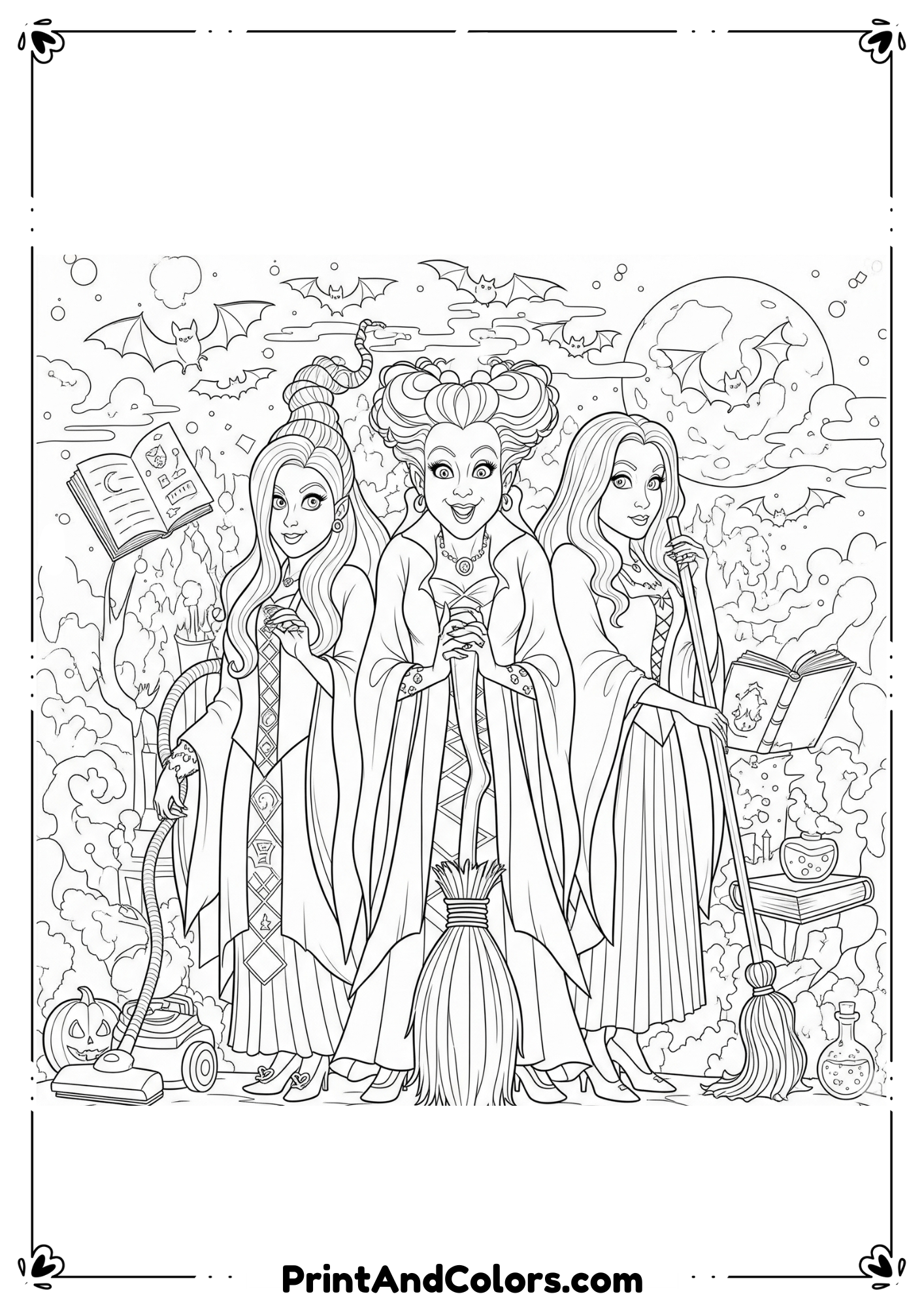 The three witches from Hocus Pocus with cauldron, stars, and spooky smoke in black-and-white style.