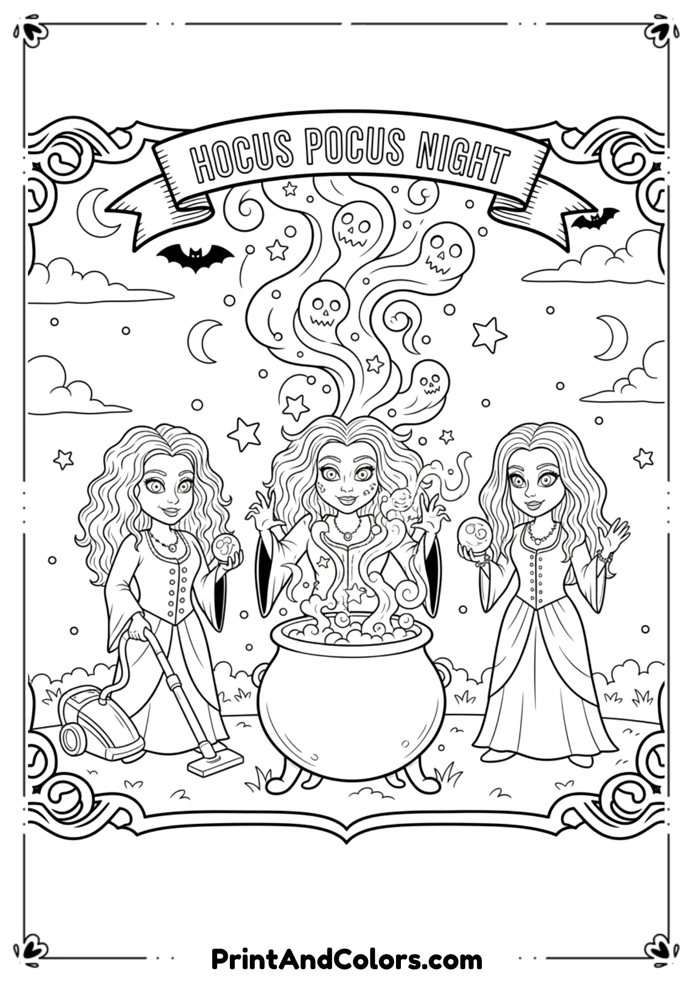 The three witches from Hocus Pocus with cauldron, stars, and spooky smoke in black-and-white style.
