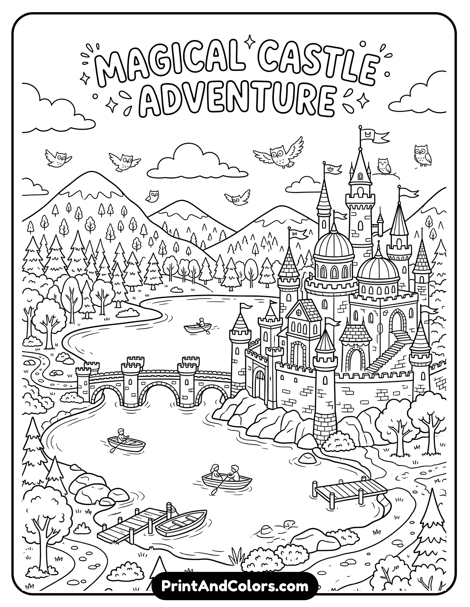 Black and white coloring page of a large magical castle beside a peaceful lake with mountains and trees in the background. Include boats, owls flying overhead, fluffy clouds, and castle bridges. Bold kid-friendly outlines with simple fantasy scenery for printable coloring fun