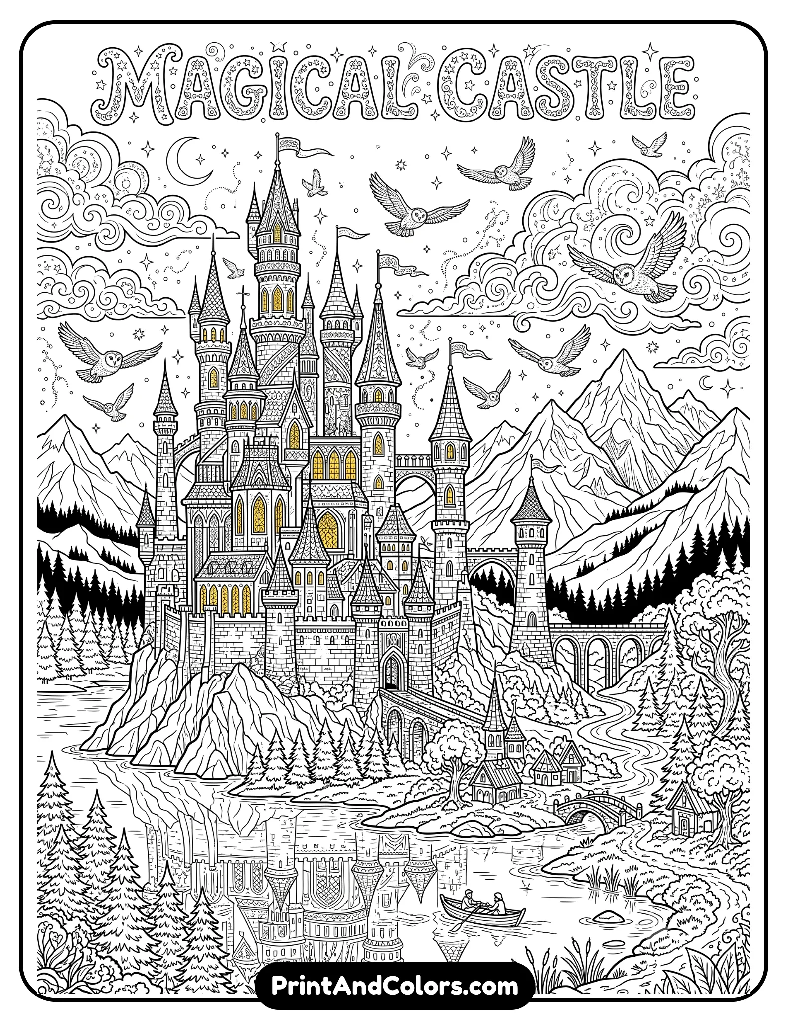 Highly detailed black and white coloring page of a grand magical castle with tall towers, bridges, glowing windows, mountains, lake reflections, owls flying overhead, and fantasy clouds. Include intricate gothic architecture and magical atmosphere. Printable fantasy line art style with crisp outlines and no shading