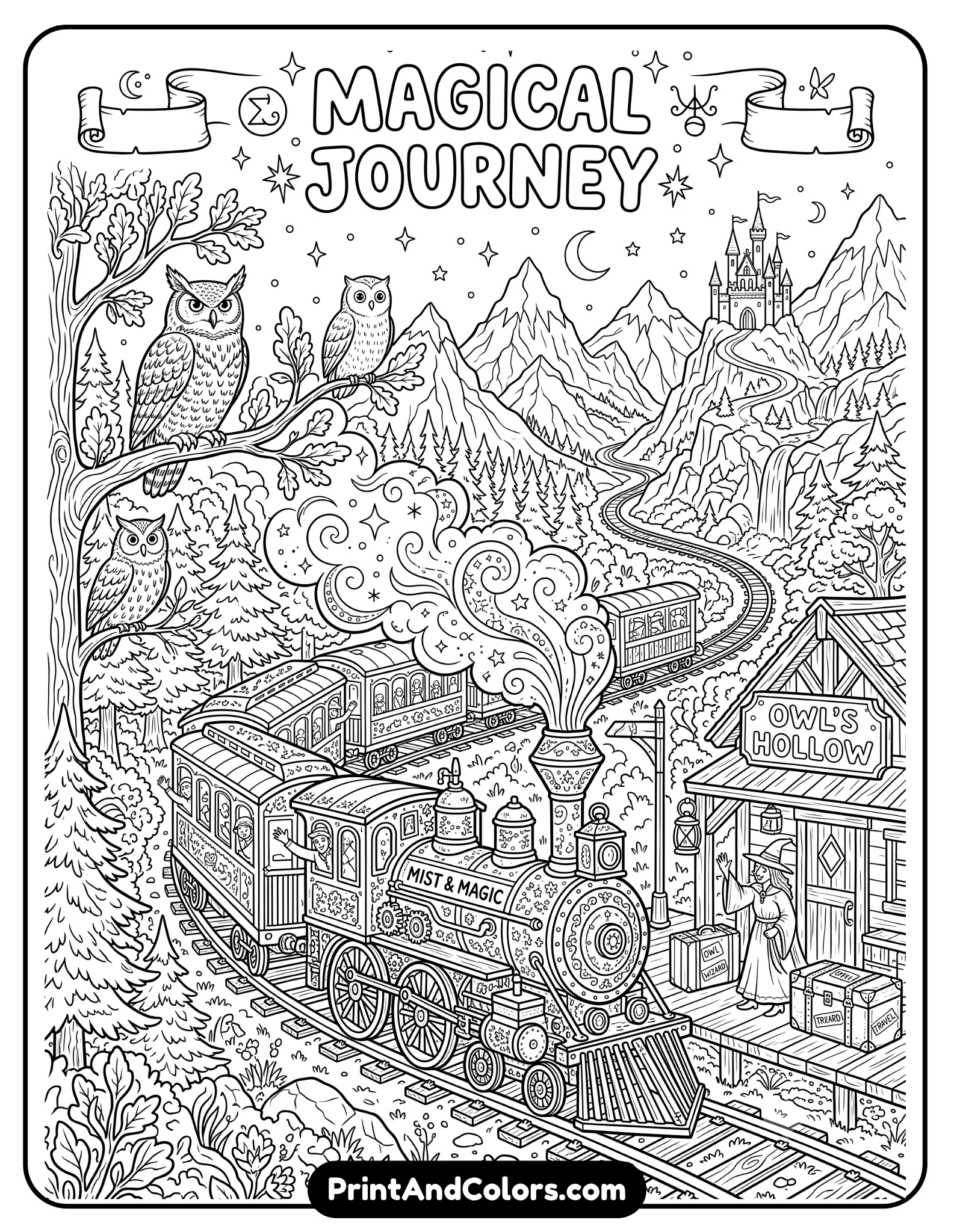 Black and white line art coloring page of a magical steam train traveling through mountains and forests. Include smoke clouds, detailed train wheels, station platform, owls, luggage trunks, and fantasy scenery. Printable coloring book style with clean detailed outlines