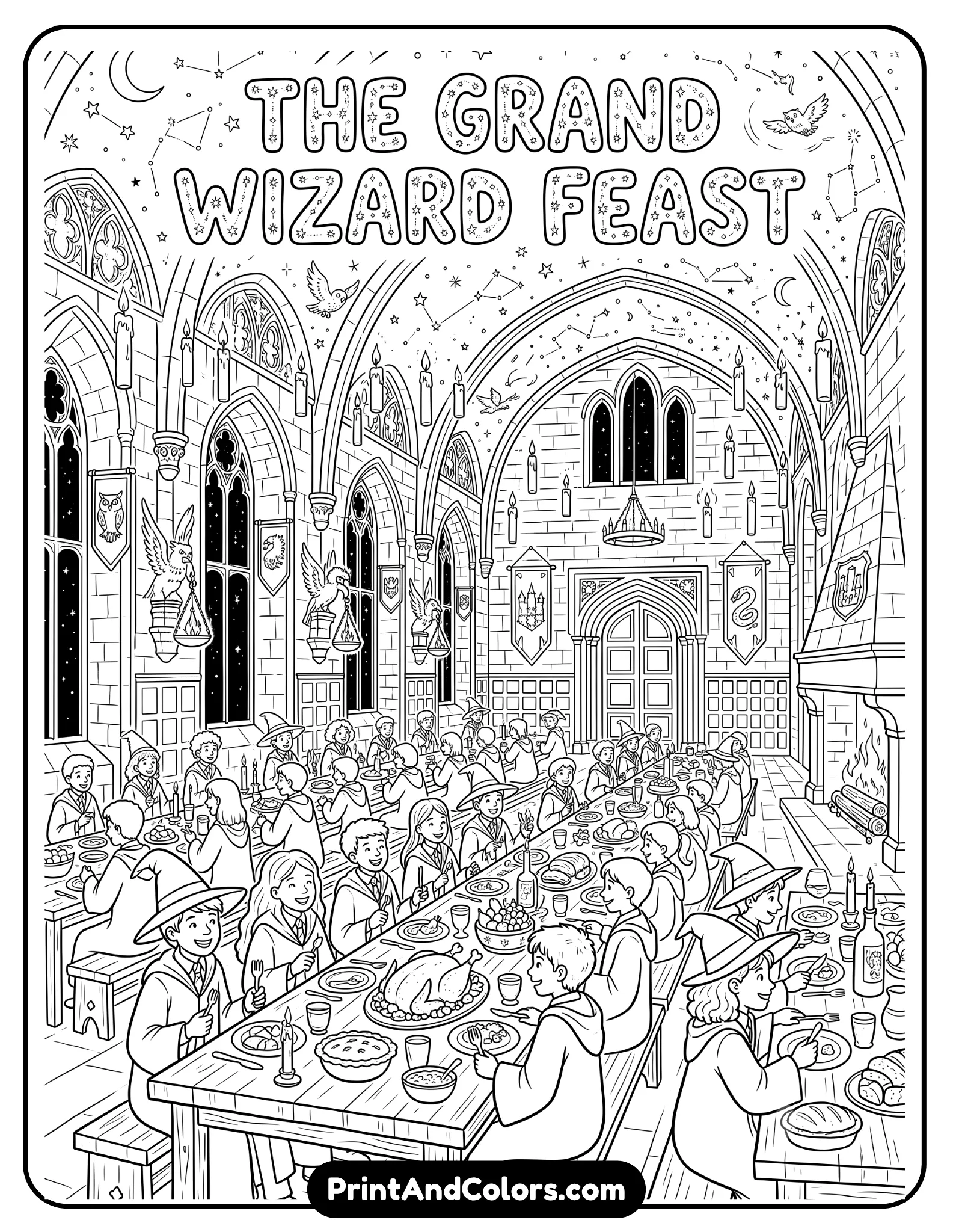 Detailed black and white coloring page of a grand magical dining hall with long tables full of food, floating candles, banners, enchanted ceiling, and wizard students sitting together. Include intricate gothic architecture and fantasy feast decorations. Printable coloring book line art style