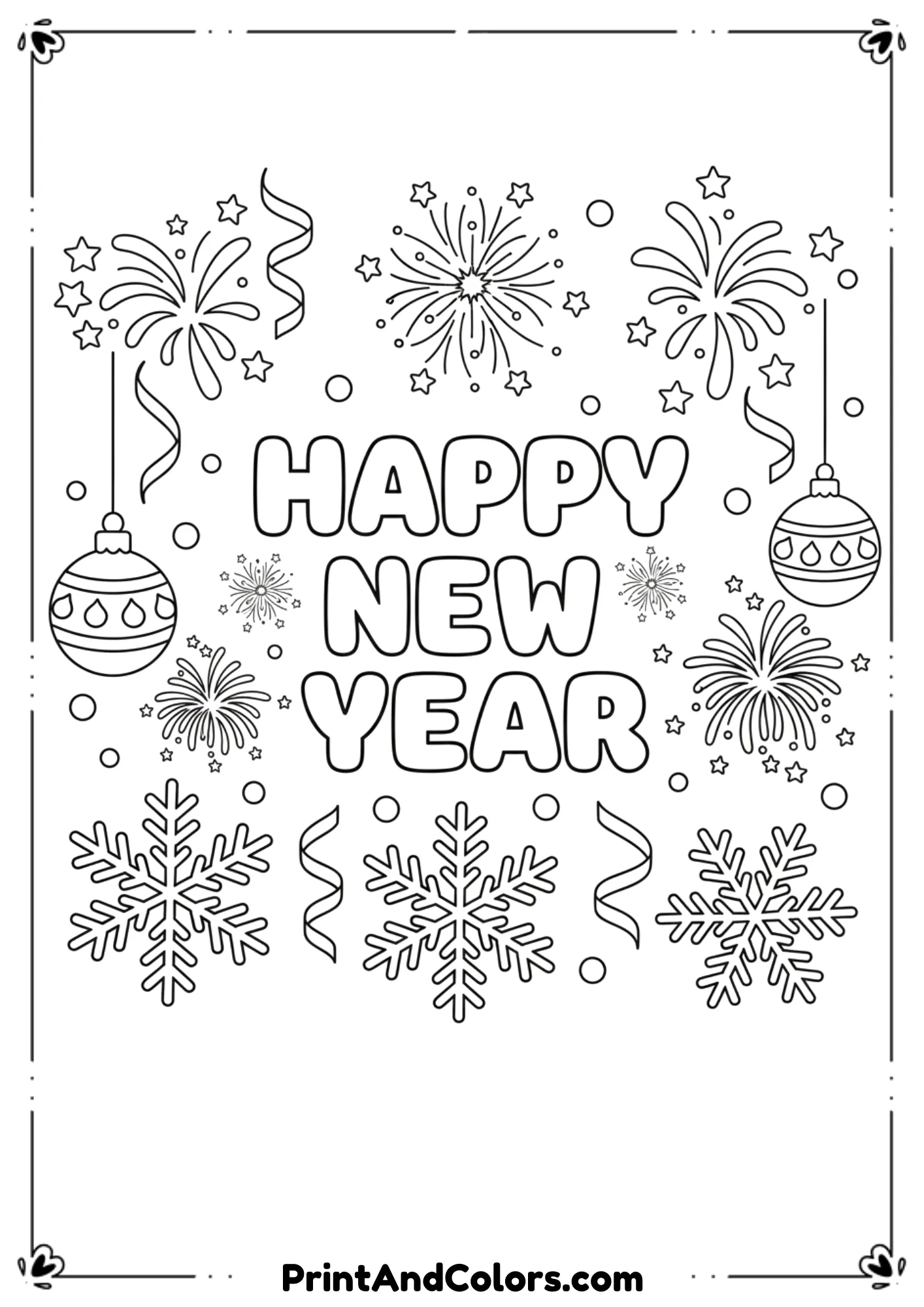 Black and white line art combining holiday and New Year elements such as snowflakes, fireworks, ornaments, and “Happy New Year” text. Festive but clean design, bold outlines, printable format.