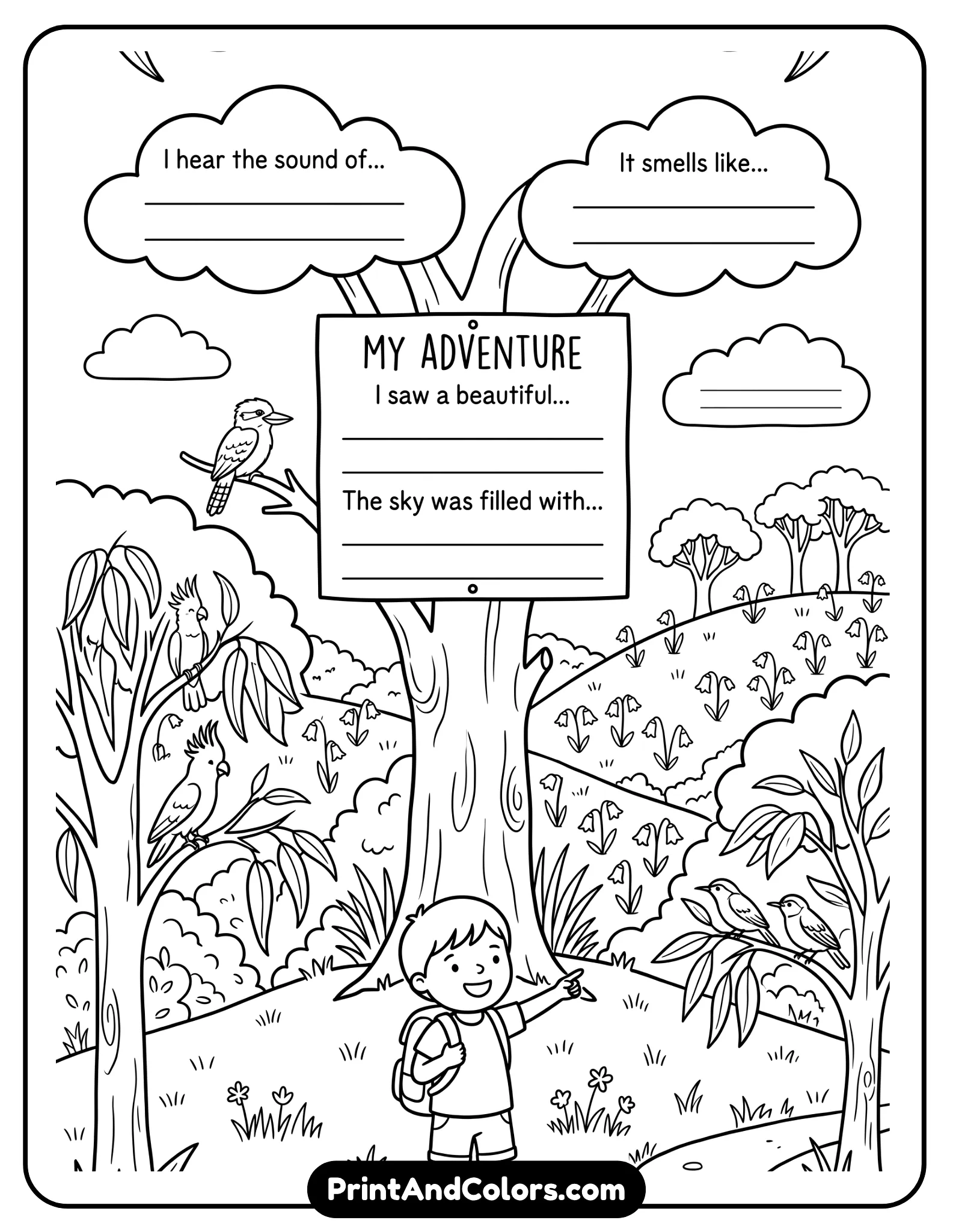 black-and-white worksheet inspired by Australian nature with gum trees, birds, and rolling hills. Include a child standing outdoors with writing prompts placed inside clouds or tree signs. Clean line art, bold outlines, no shading, relaxing nature theme for coloring.
