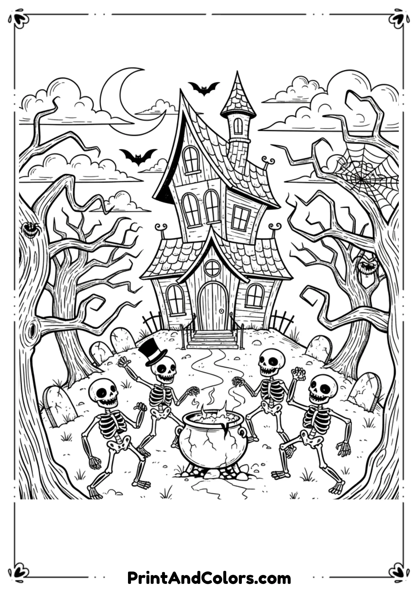 Scary horror Halloween design with haunted house, skeletons, and eerie trees in black-and-white.