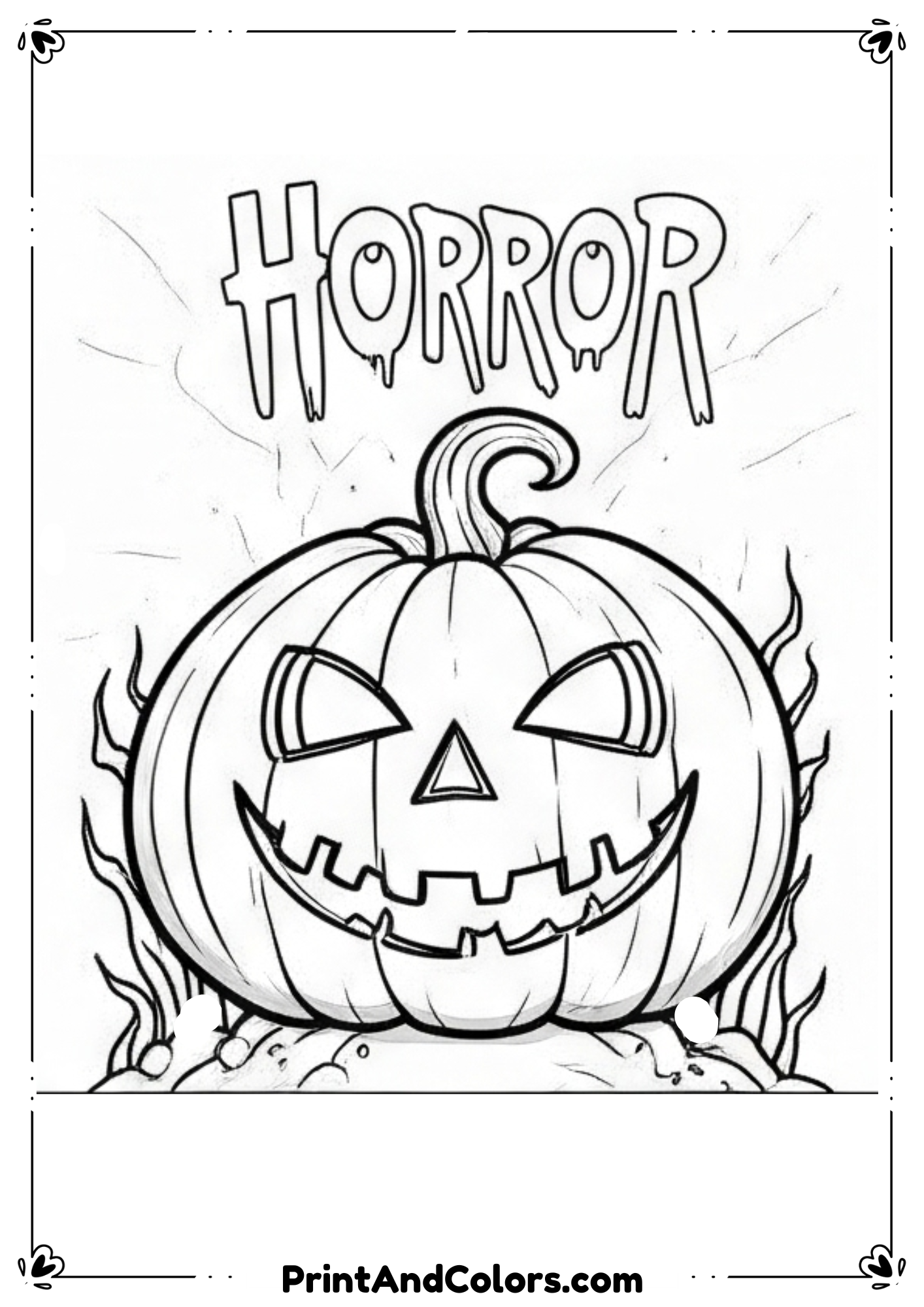 Scary horror Halloween design with haunted house, skeletons, and eerie trees in black-and-white.